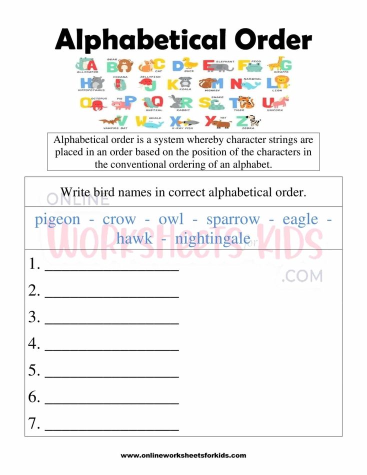Alphabetical Order Worksheets for grade 1-8