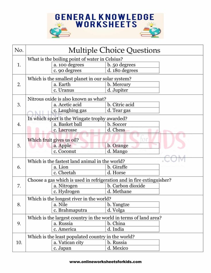 General Knowledge Worksheets for grade 1-7