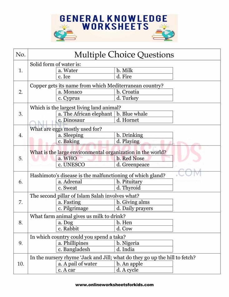 General Knowledge Worksheets for grade 1-4