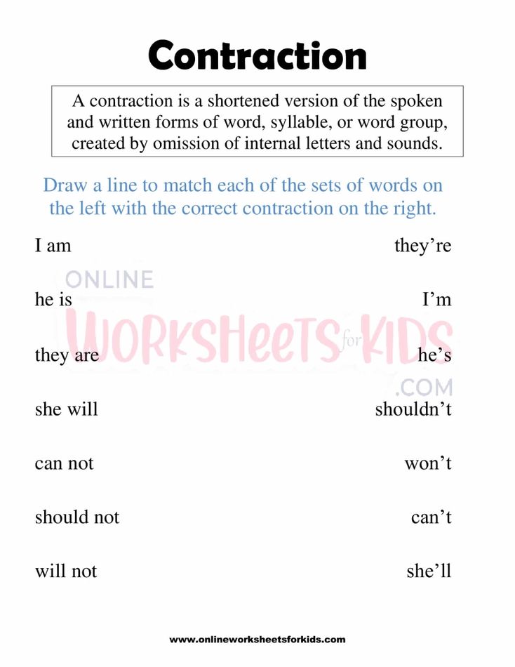 Contraction Worksheets 1st grade 1