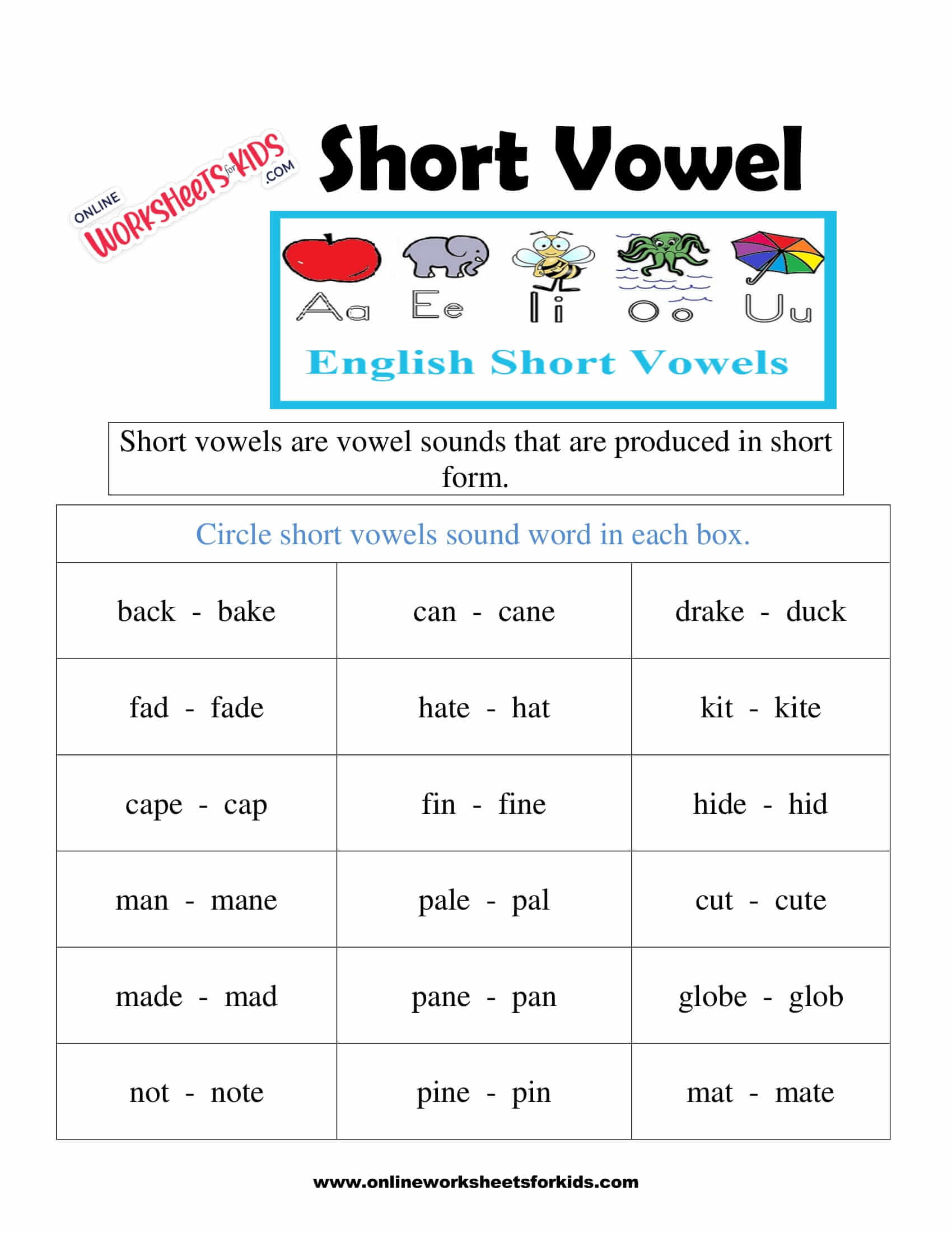 free short vowel worksheets and printable for kids
