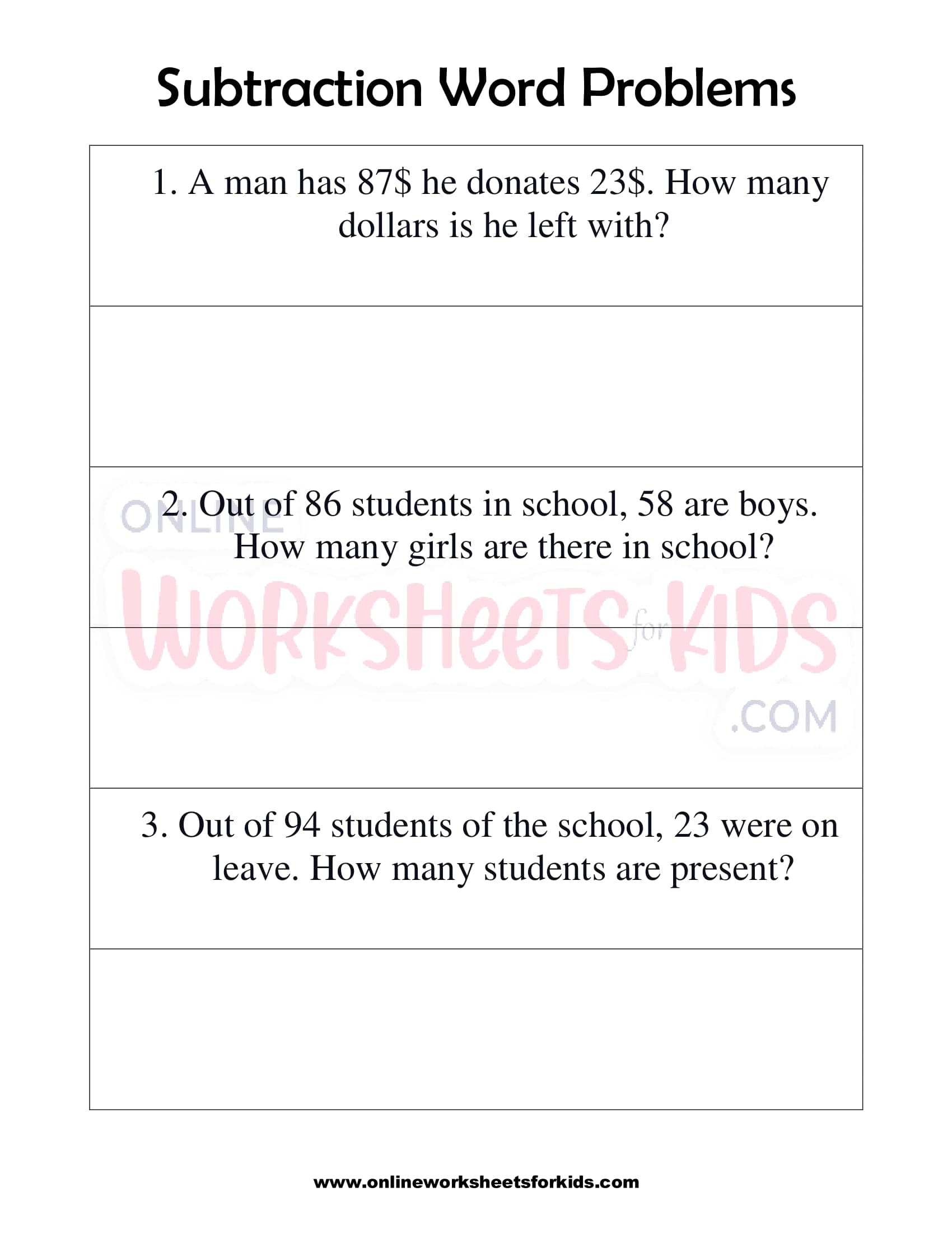Subtraction word problems first grade