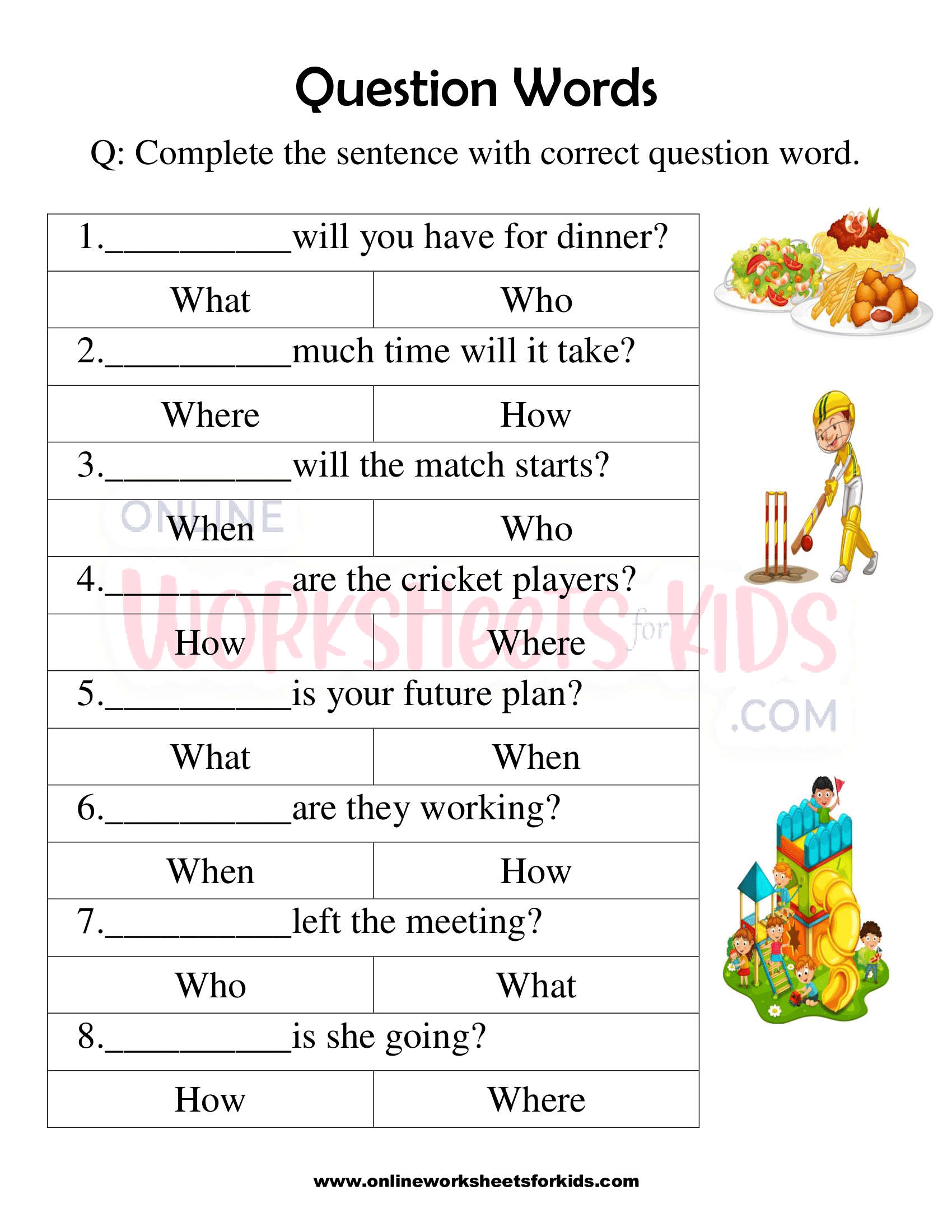 Free printable question worksheets for grade 1