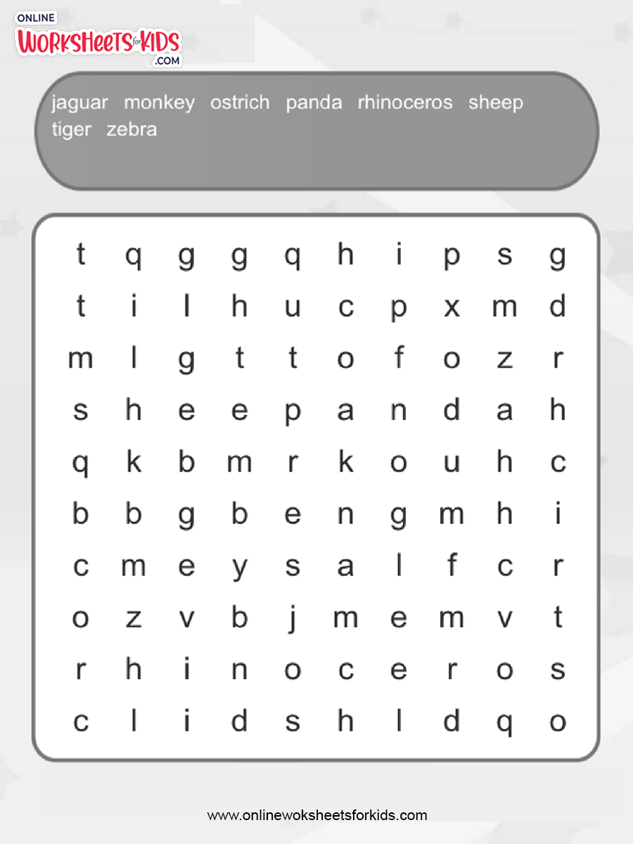 Free Animal Word Search Worksheet and Printable for Kids