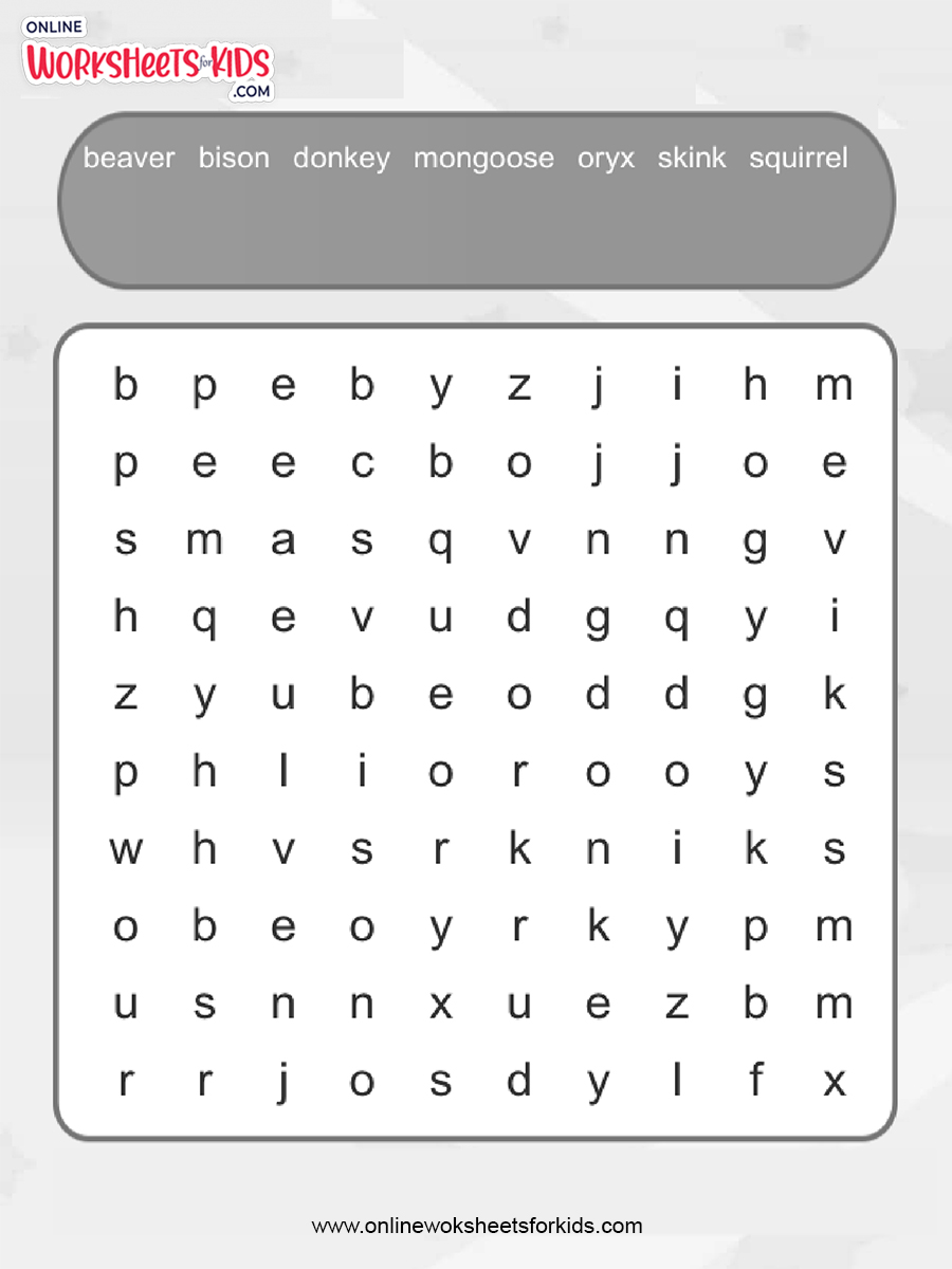 Free Animal Word Search Worksheet and Printable for Kids