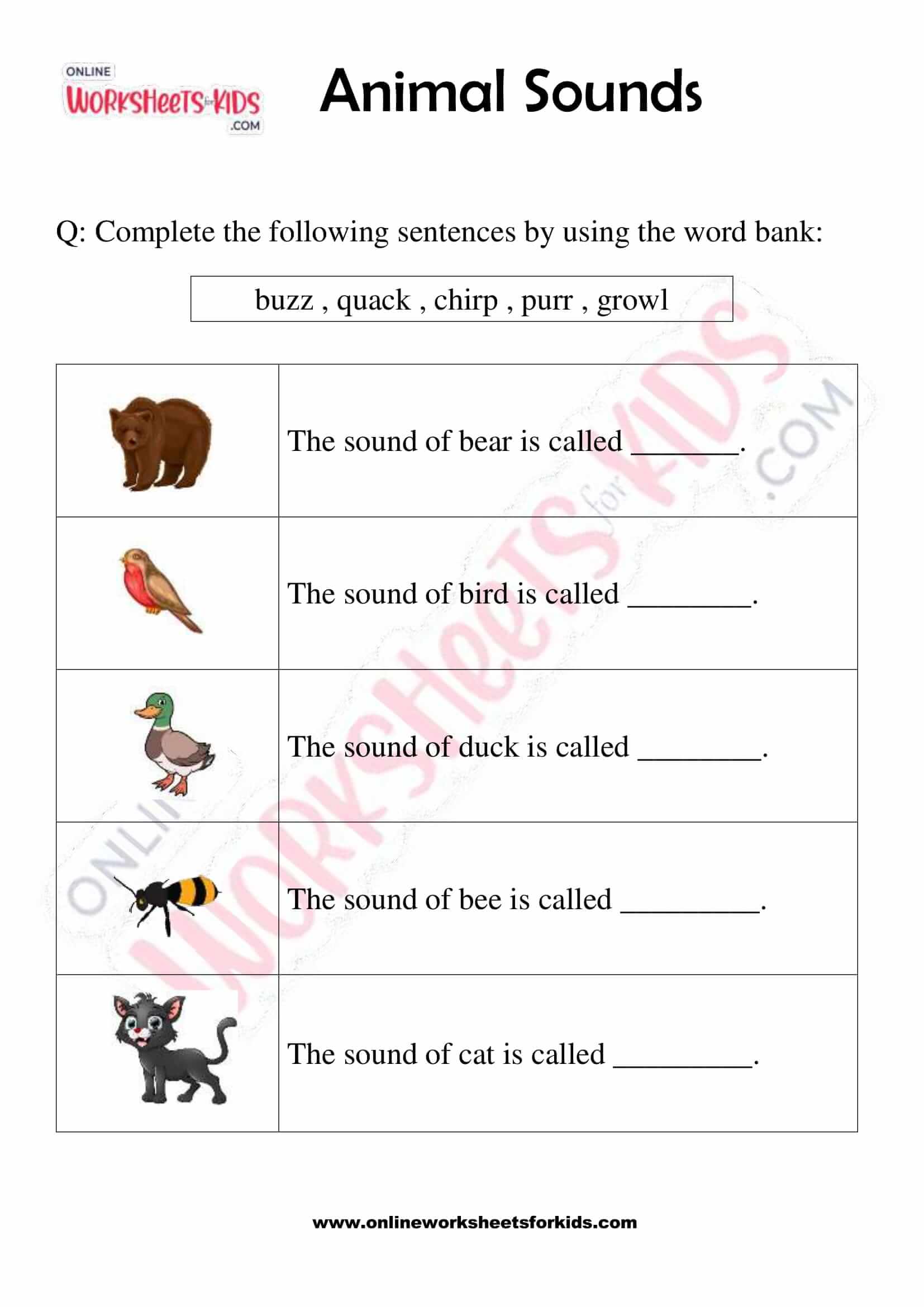 Animals and Their Sounds Worksheet for Grade 1