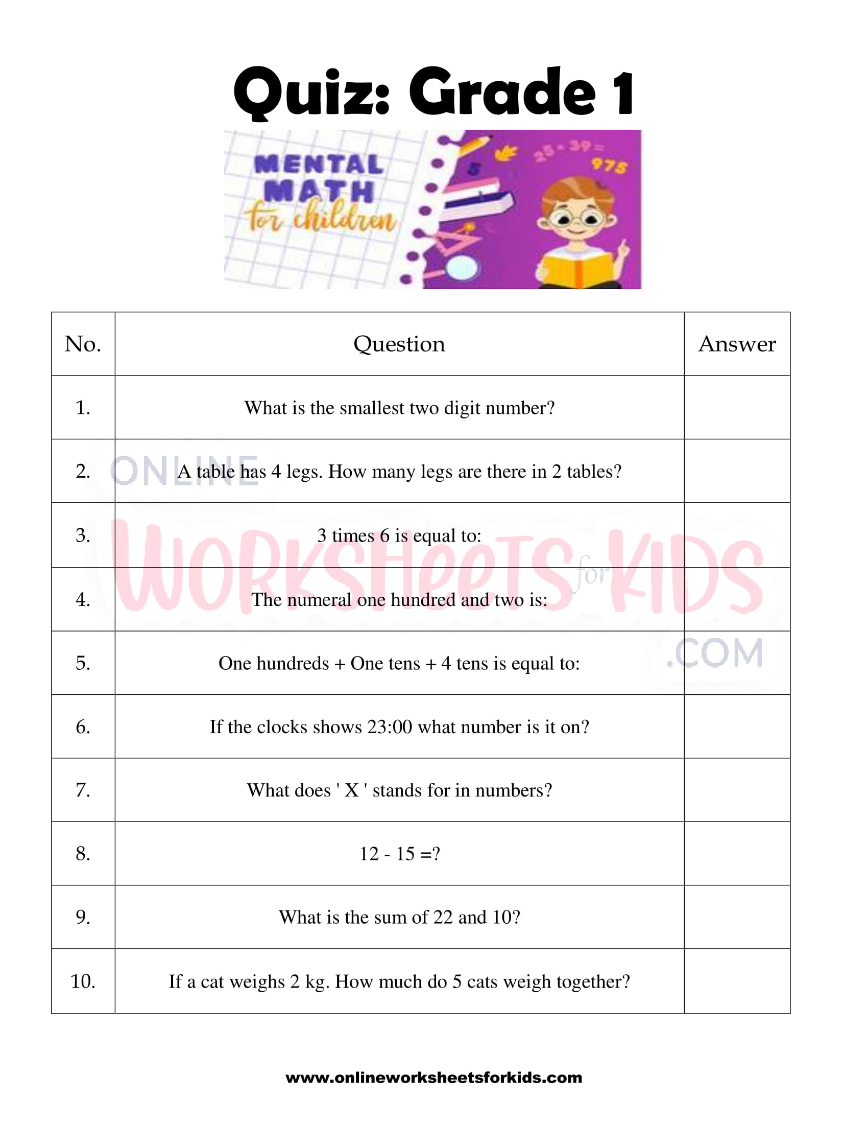 Mental Maths Worksheets For Grade 1 10