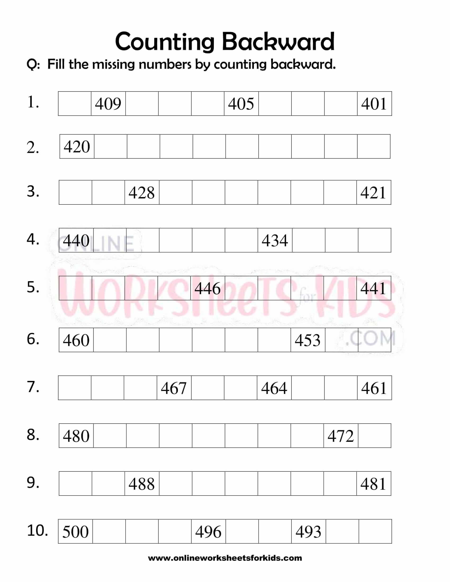 Counting Backwards Worksheets For Grade 110