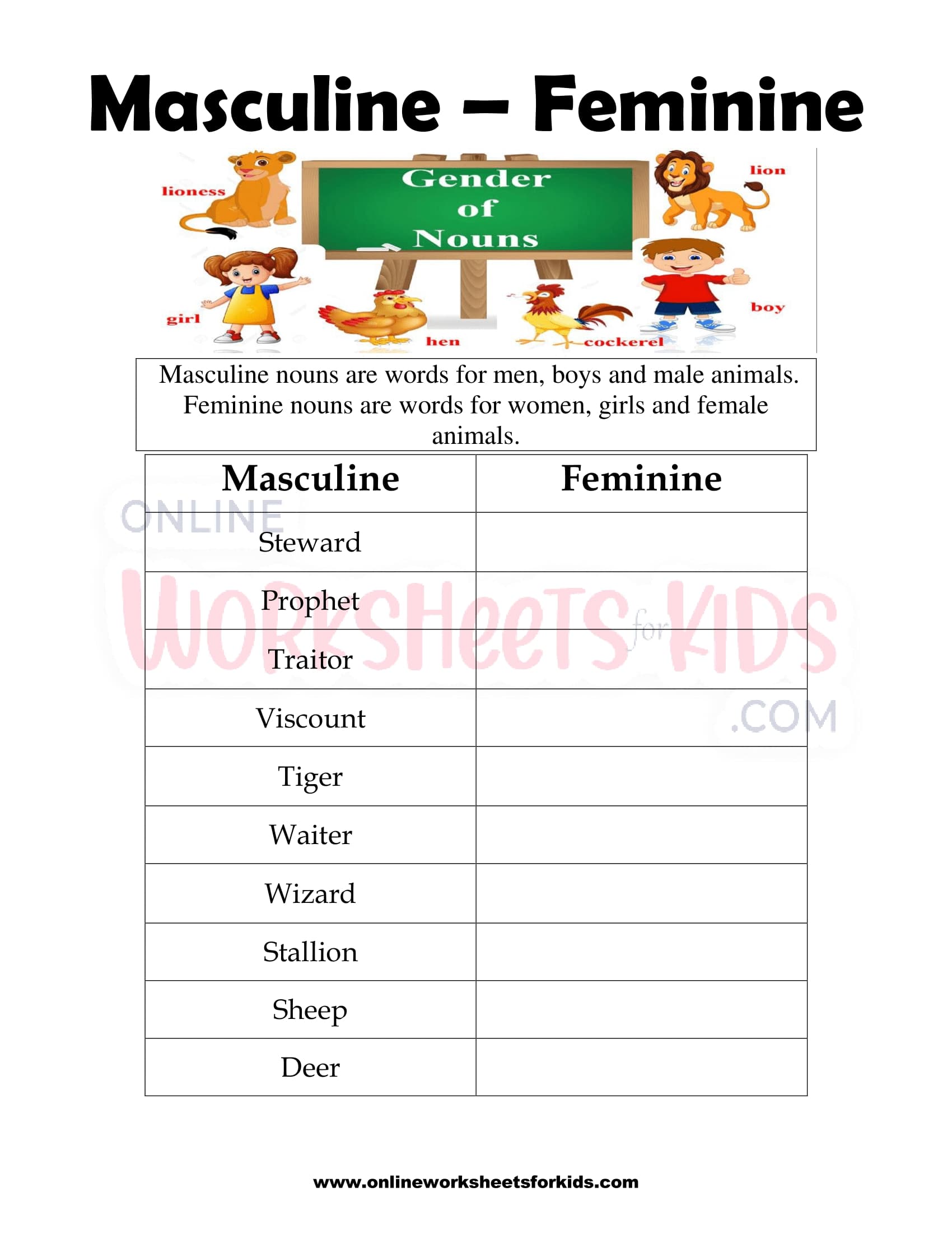 Masculine and Feminine Gender Worksheets 7