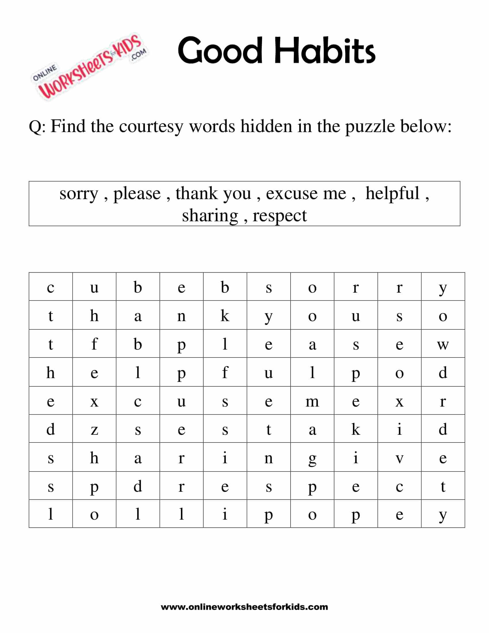free good habits vs bad habits worksheet for grade 1