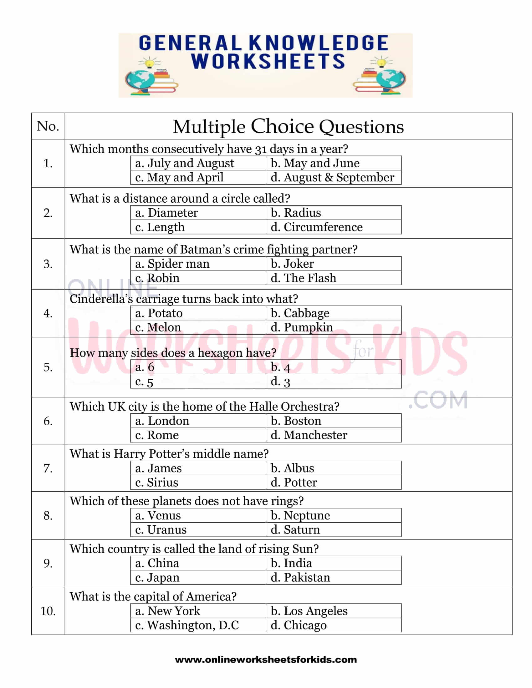 free general knowledge worksheets for grade 1
