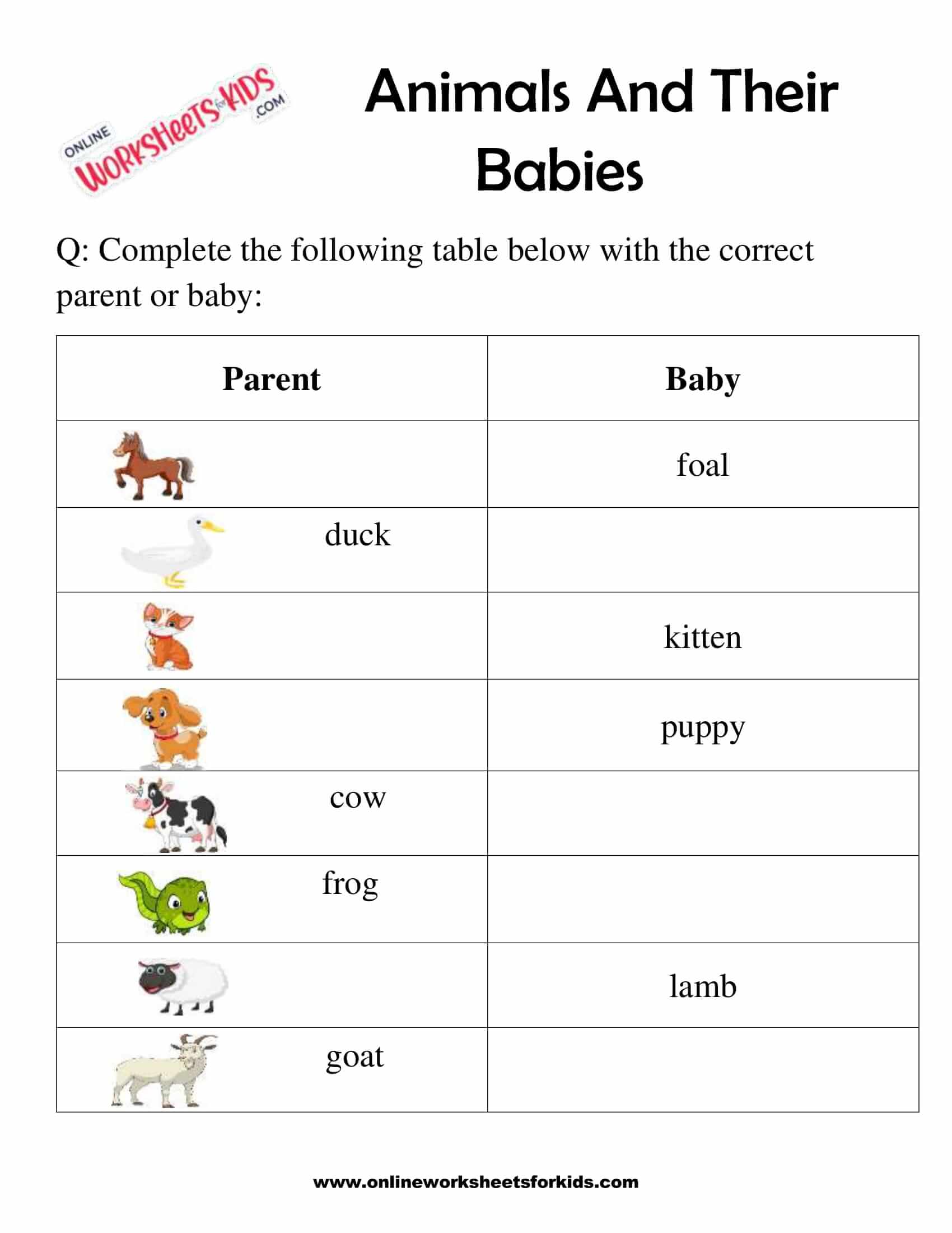 Free Animal and Their Babies Worksheet for Grade 1