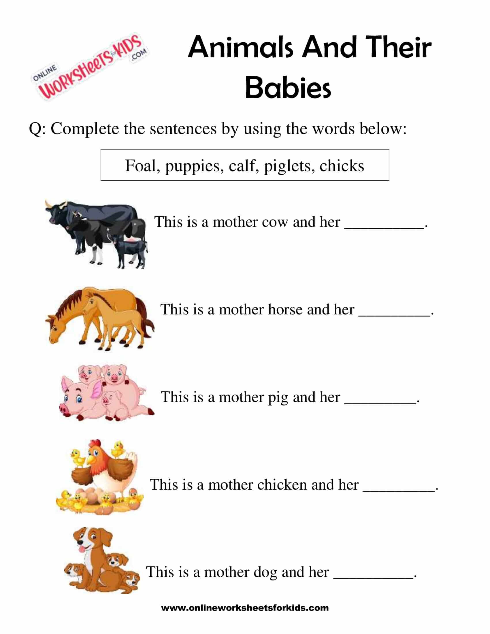 Free Animal and Their Babies Worksheet for Grade 1