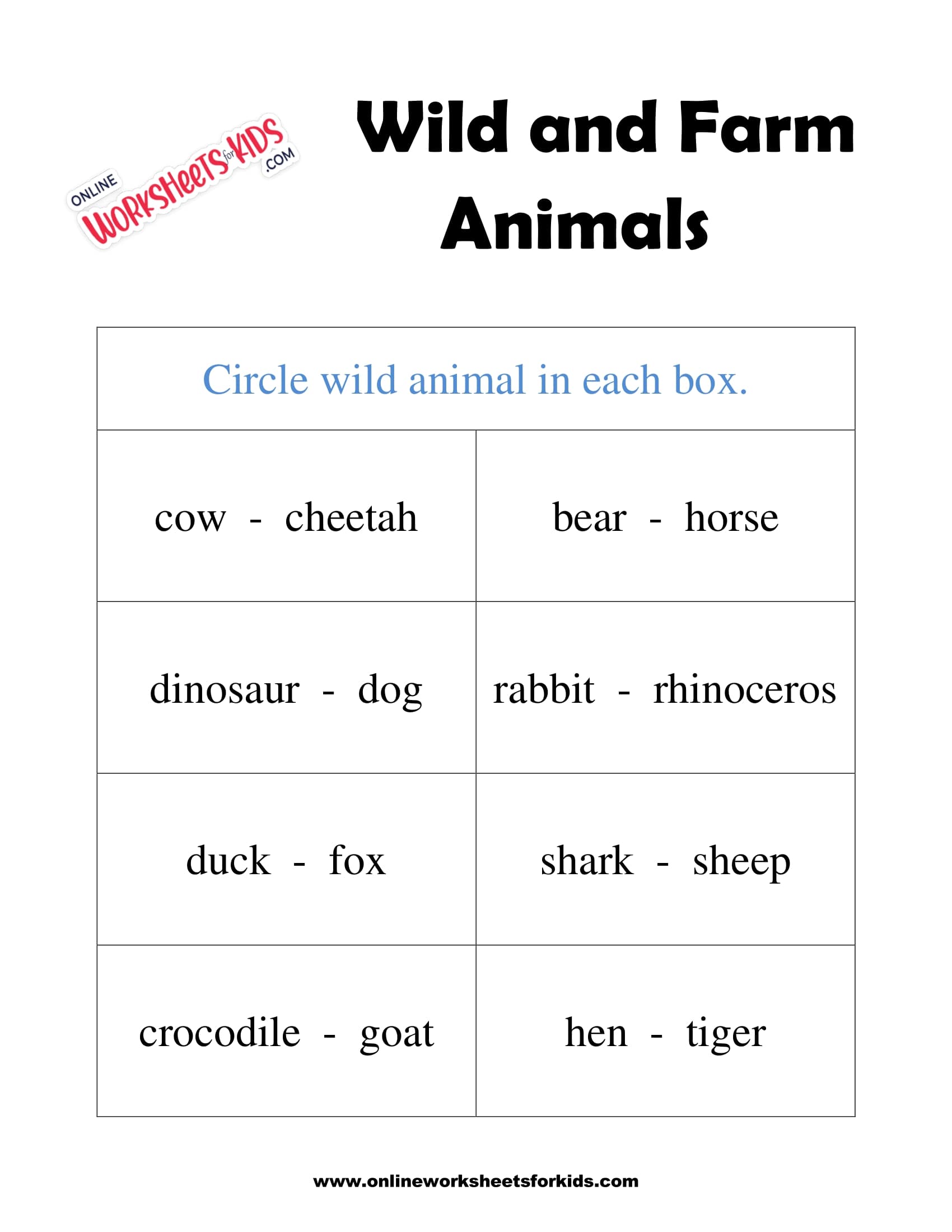 free wild and farm animals worksheets for kids