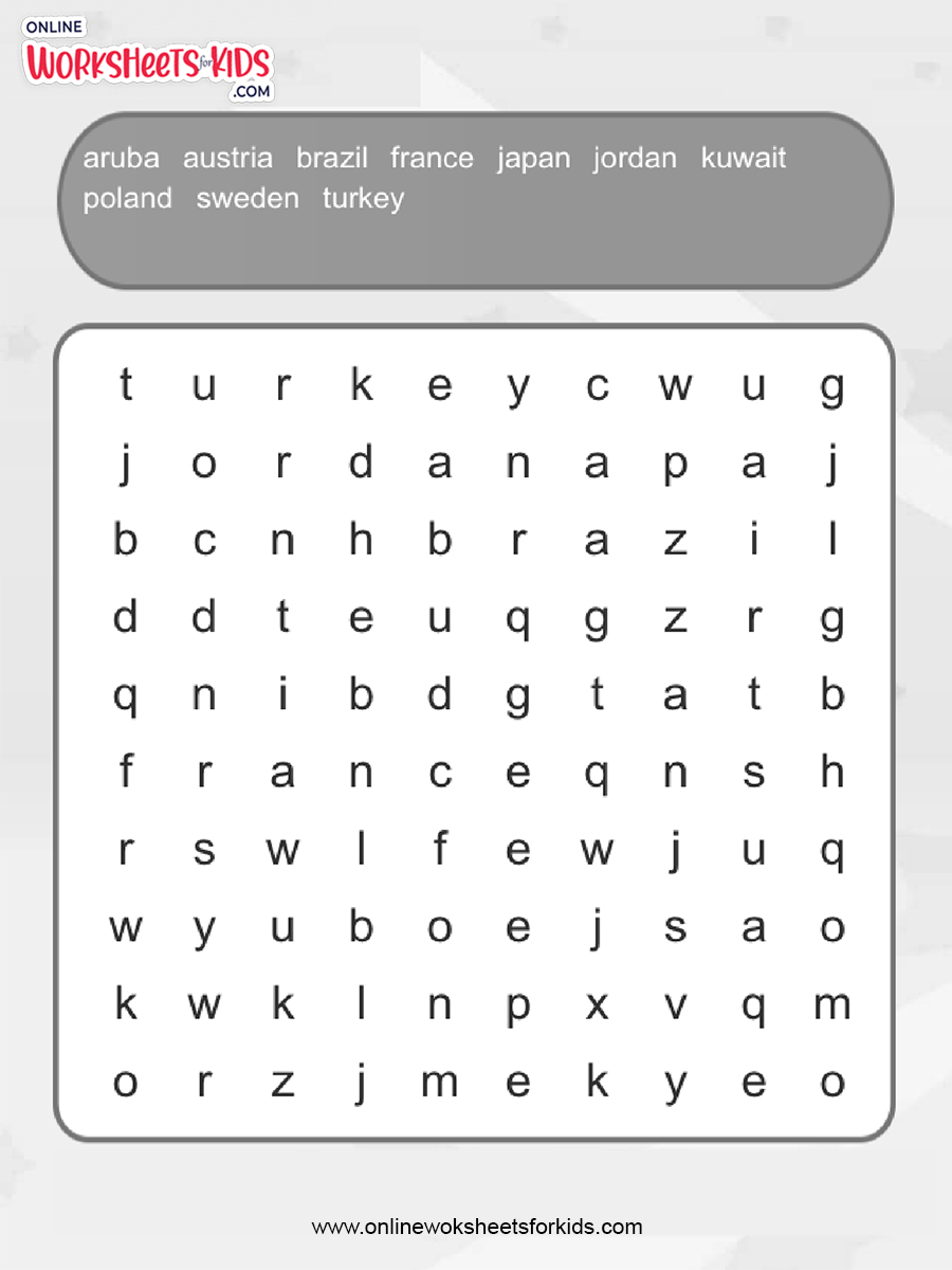 free countries word search worksheets and printable for kids