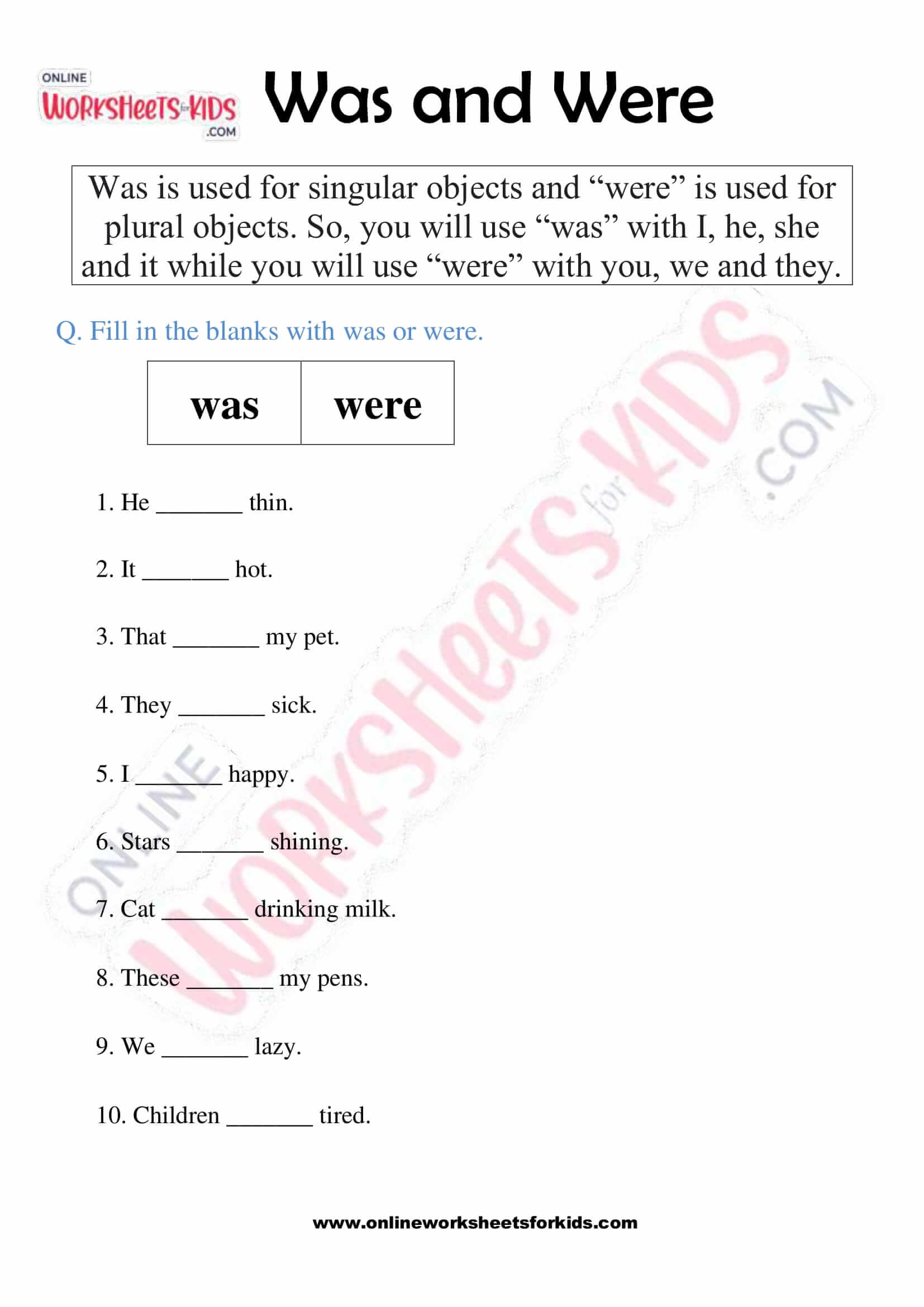 was and were worksheets with answers for grade 2