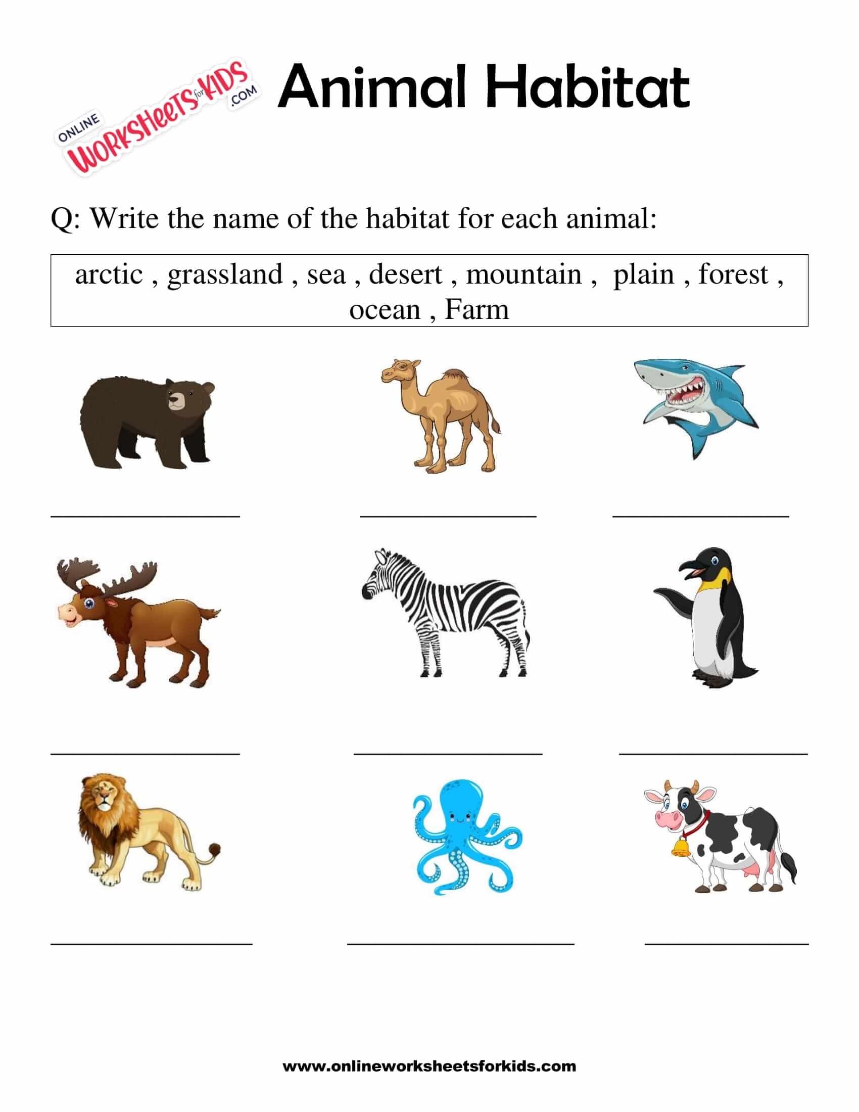 Animal Habitats Worksheets for Grade 1-7