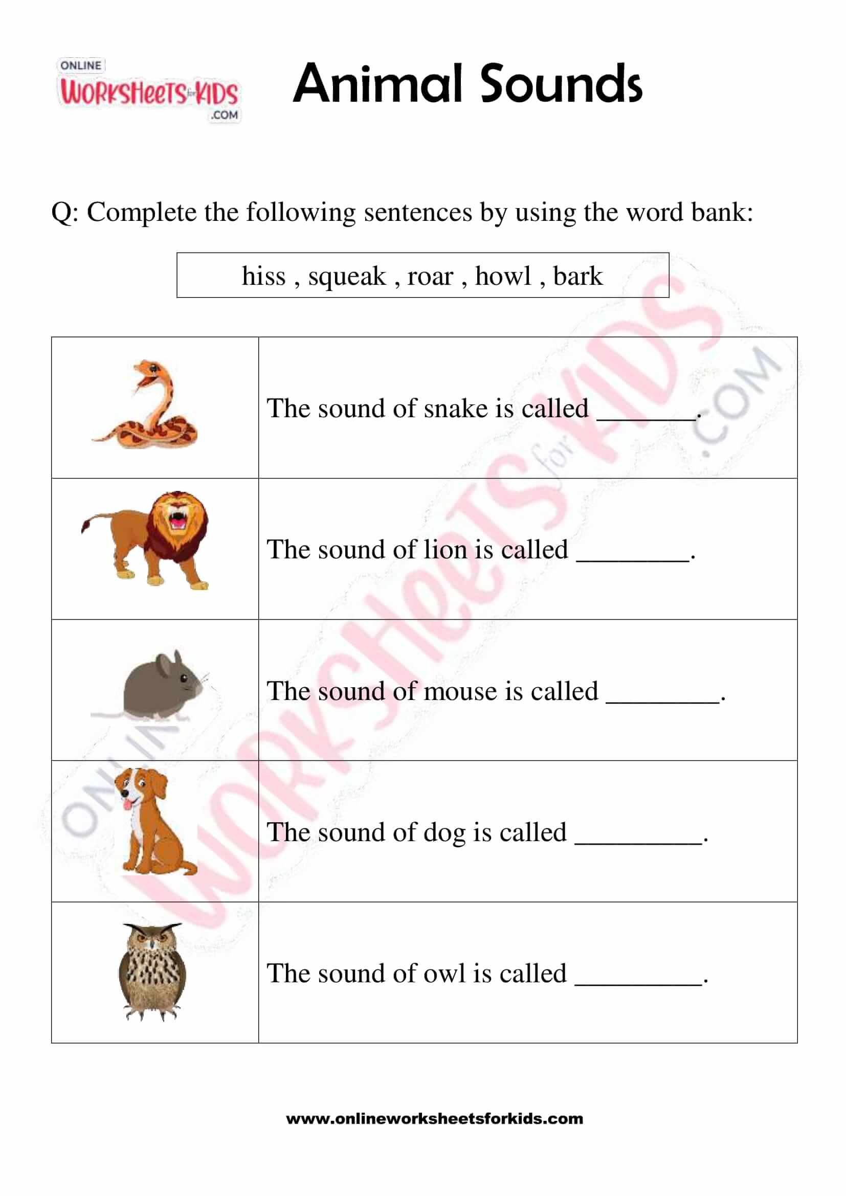 Animals and Their Sounds Worksheet for Grade 1