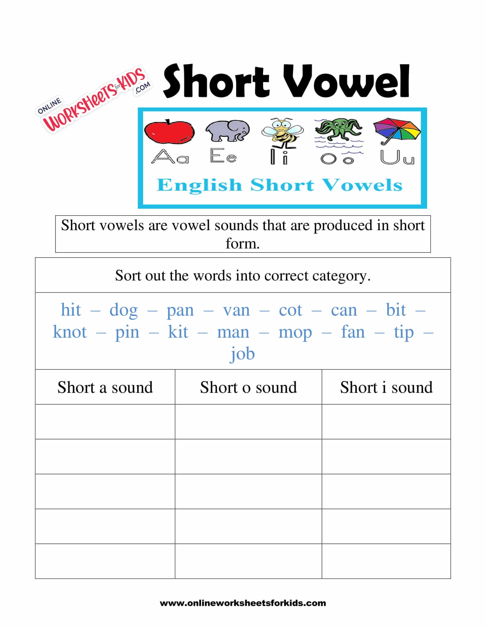 Short And Long Vowel I Worksheets