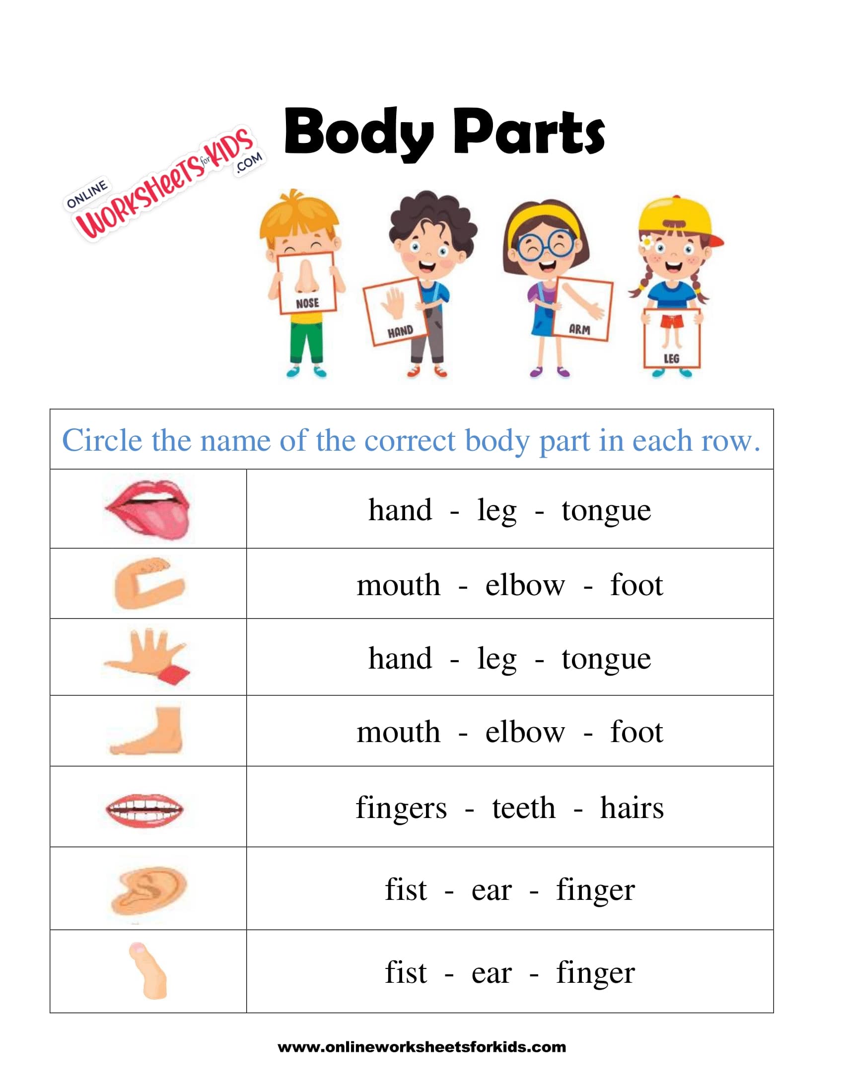 human body parts name with picture for kids