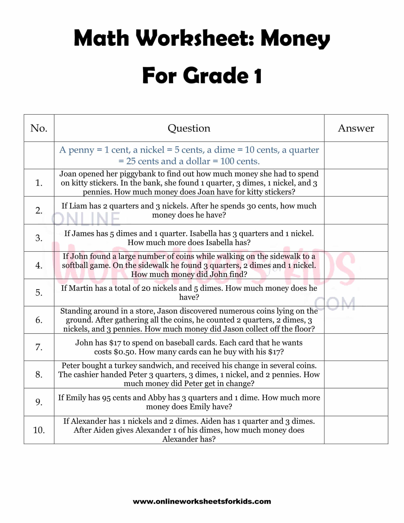 money word problems worksheets grade 1 3