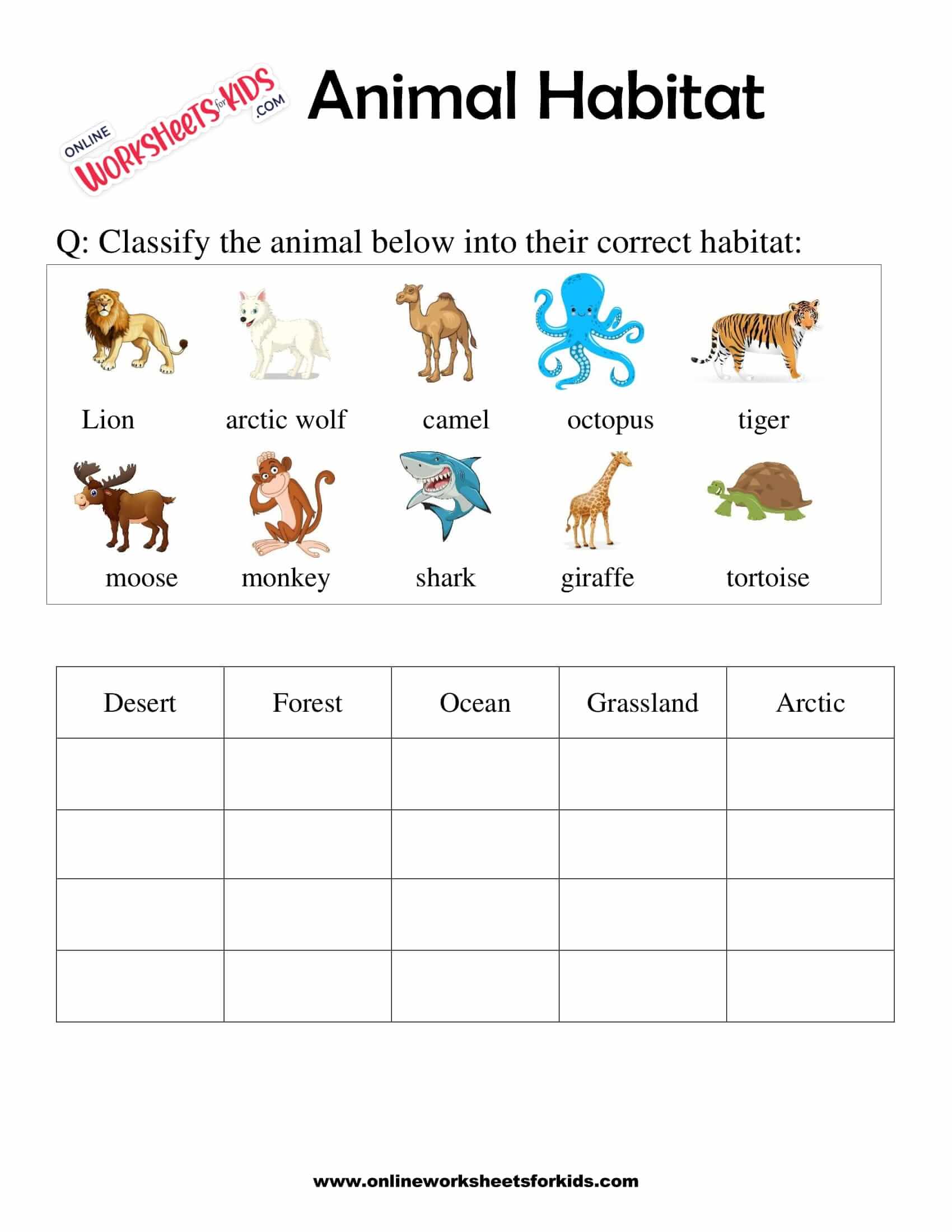 Animal Habitats Worksheets for Grade 1-3