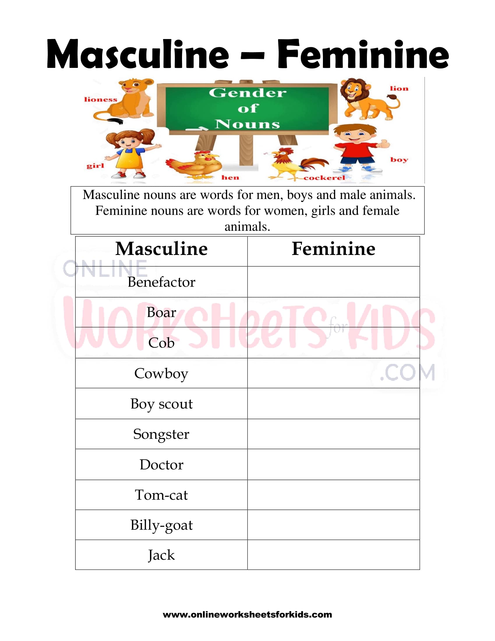 Free Masculine and Feminine Gender Worksheets for Kids