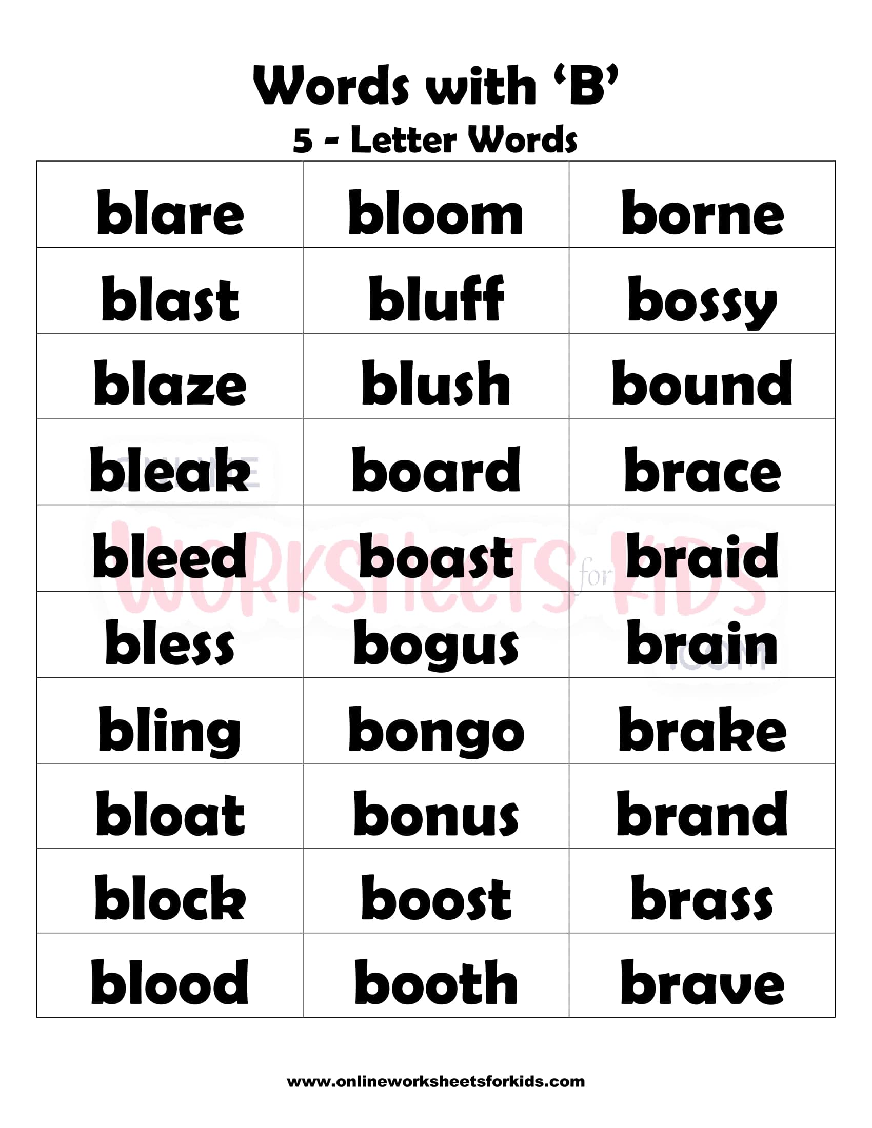 Free Words that Begin With B and Printable for Kids