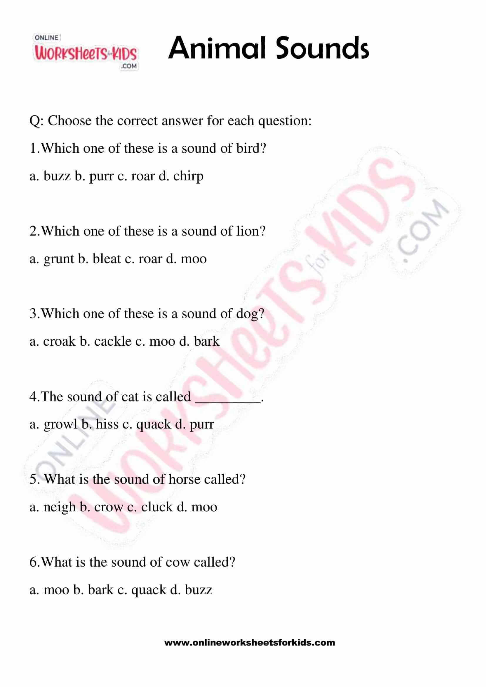 Animals and Their Sounds Worksheet for Grade 1