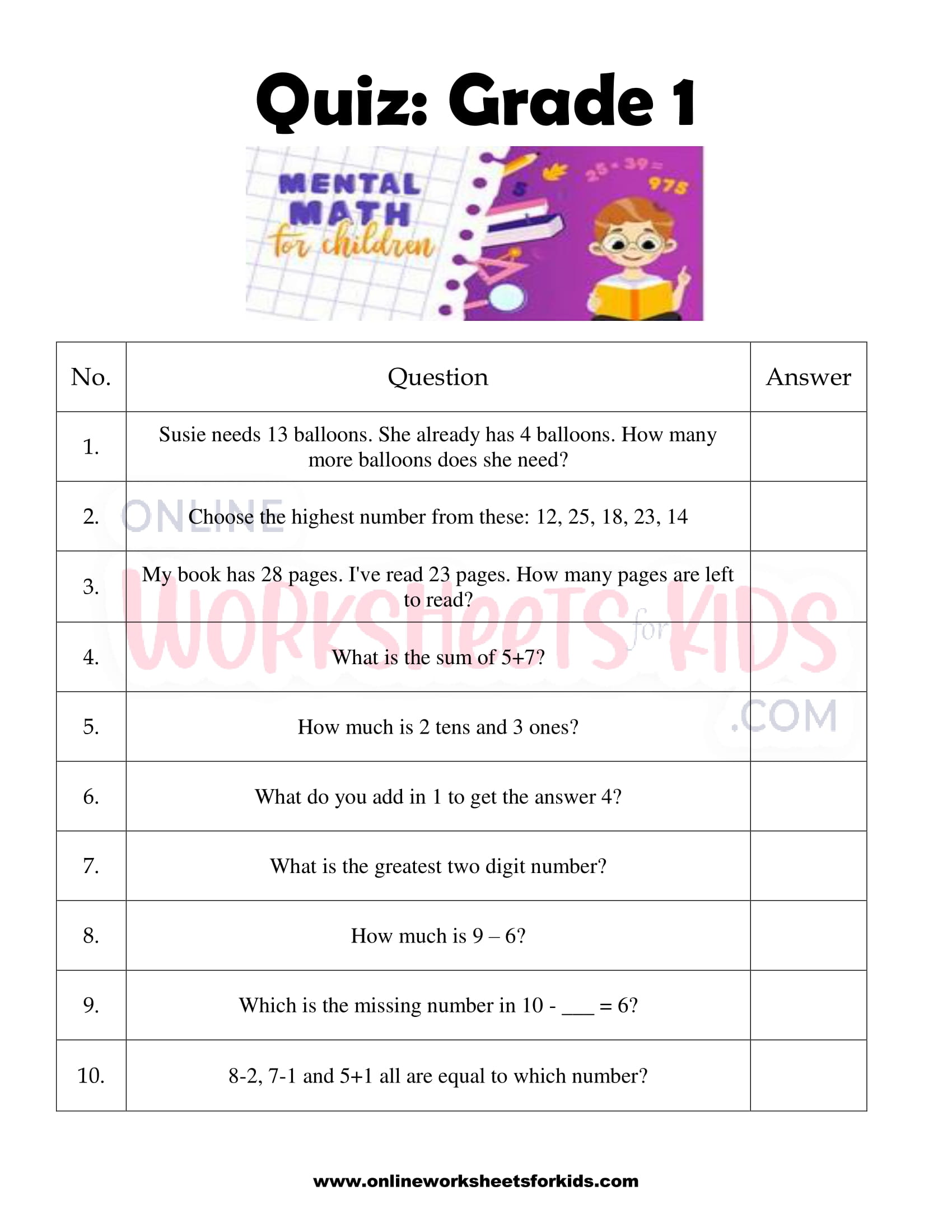 printable mental maths worksheets for grade 1