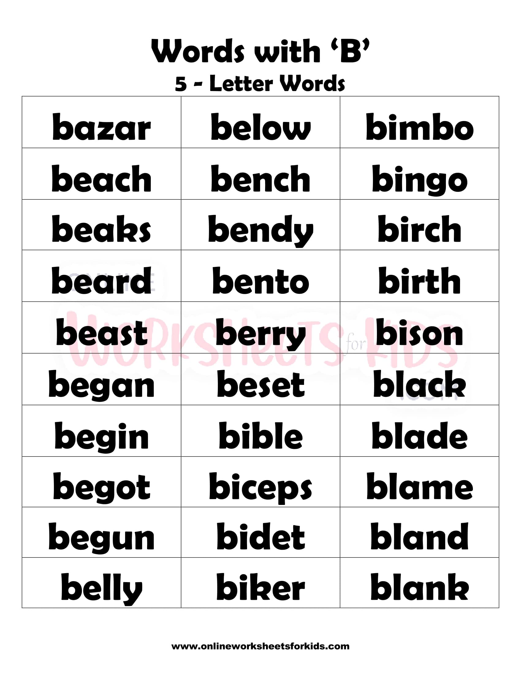 List of Words That Start With Letter 'B' For Children