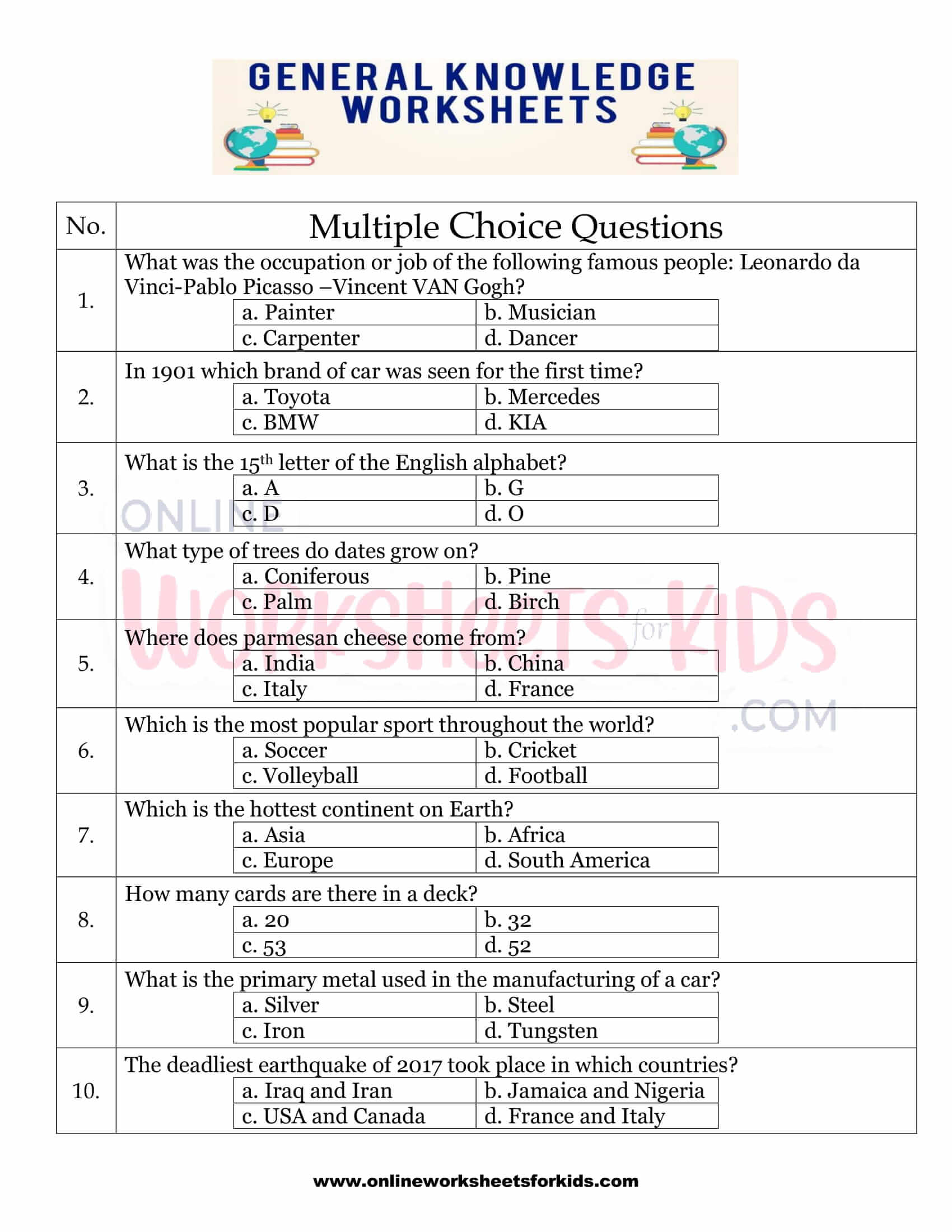 free general knowledge worksheets for grade 1