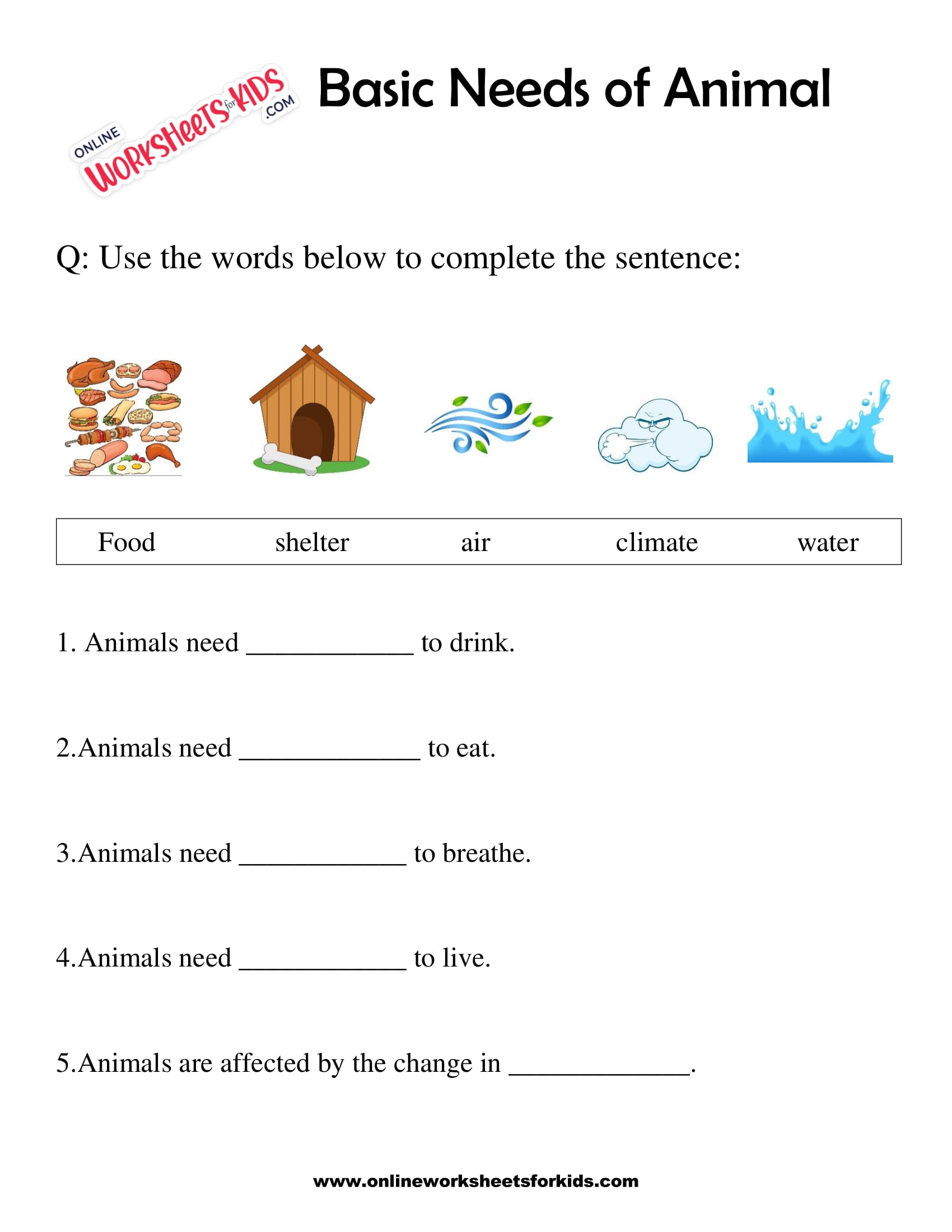 Basic Needs of Animal Worksheet for grade 1-3