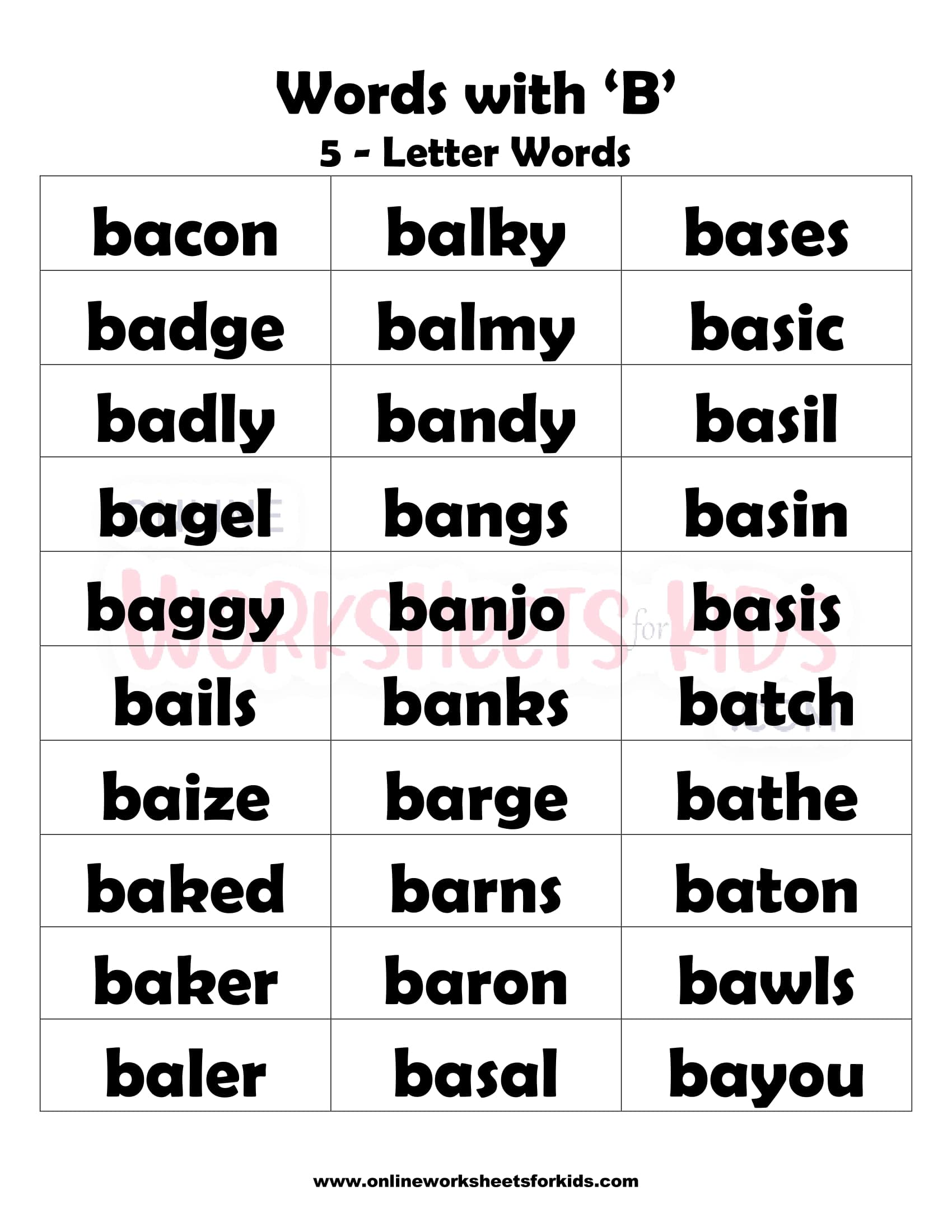 Free Words that Begin With B and Printable for Kids