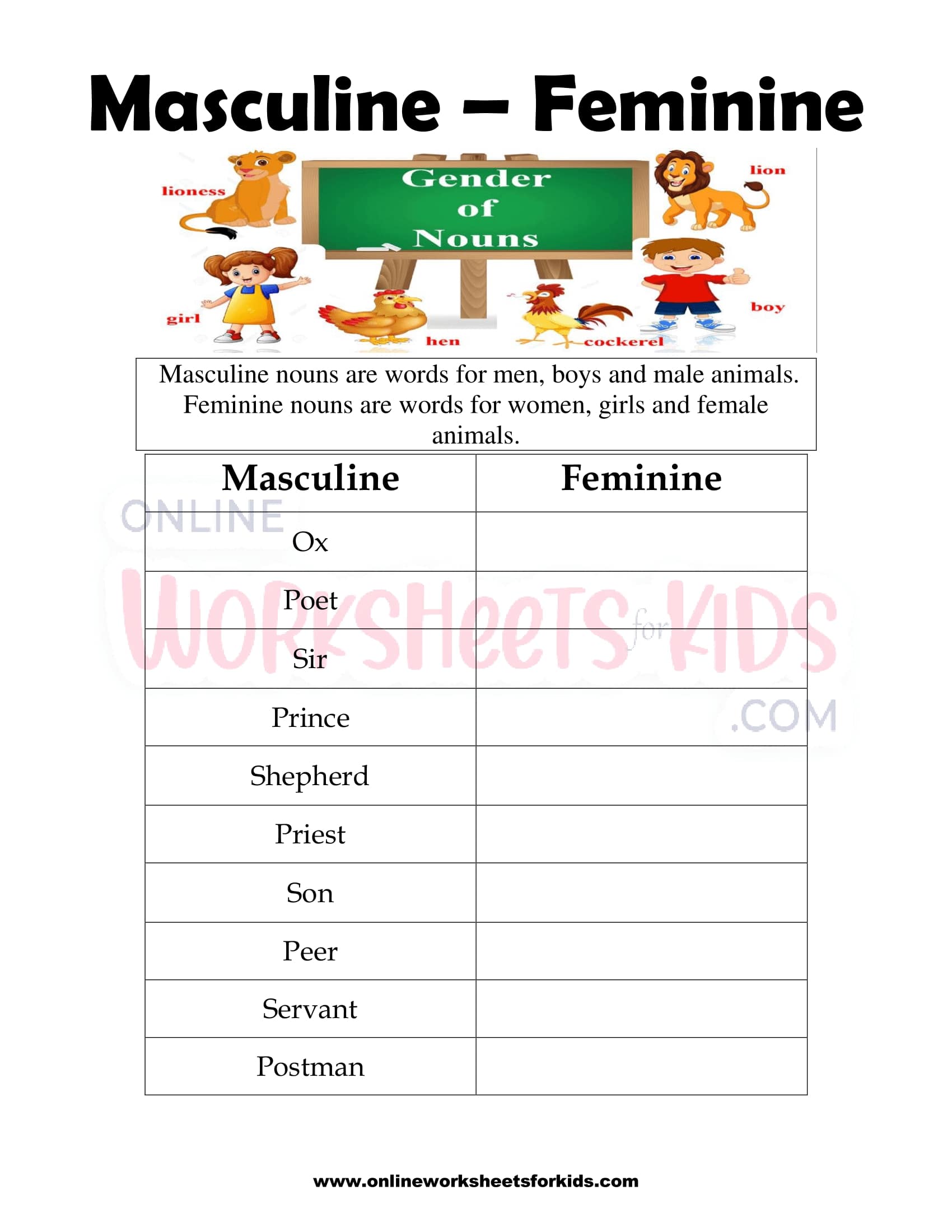 Free Masculine and Feminine Gender Worksheets for Kids