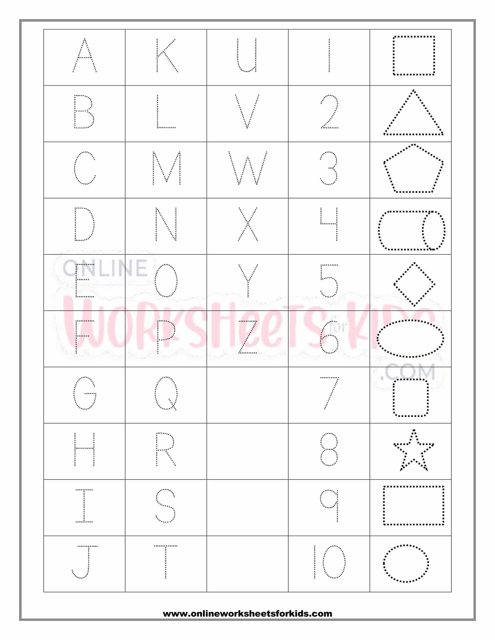 Letters Numbers And Shapes Tracing Worksheets 2