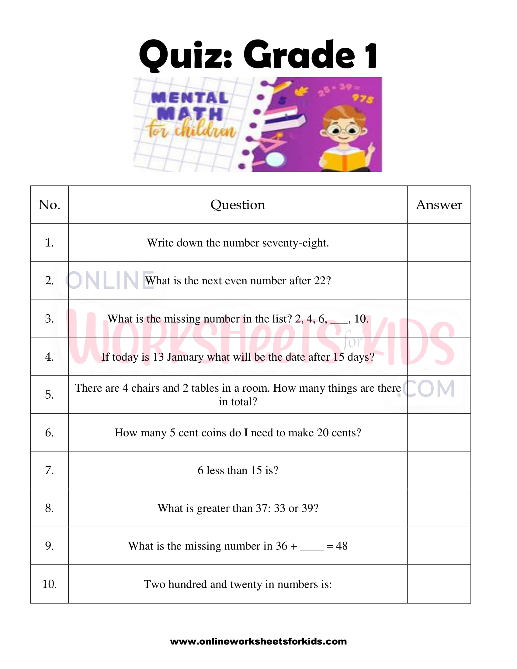 mental maths worksheets for grade 1 7