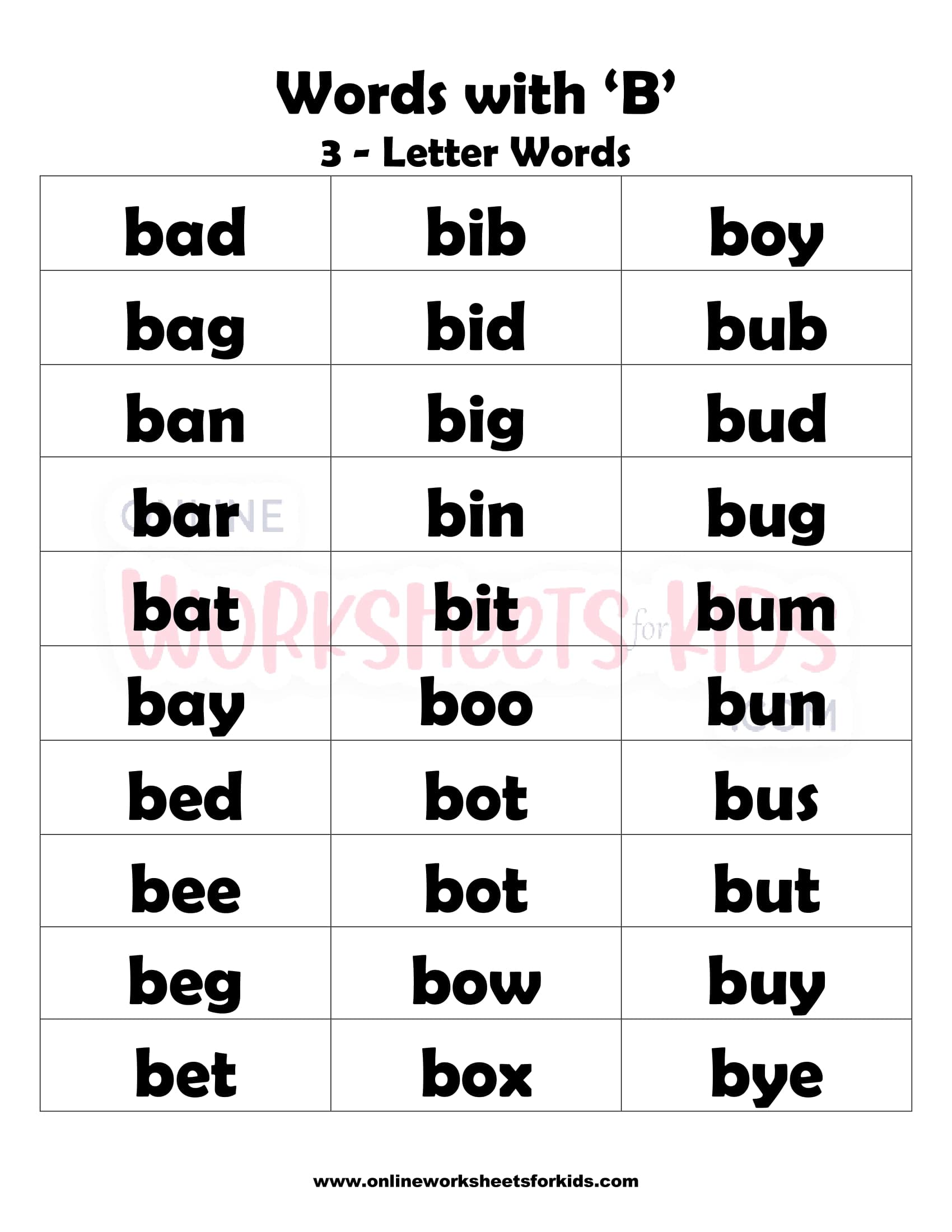Free Words that Begin With B and Printable for Kids