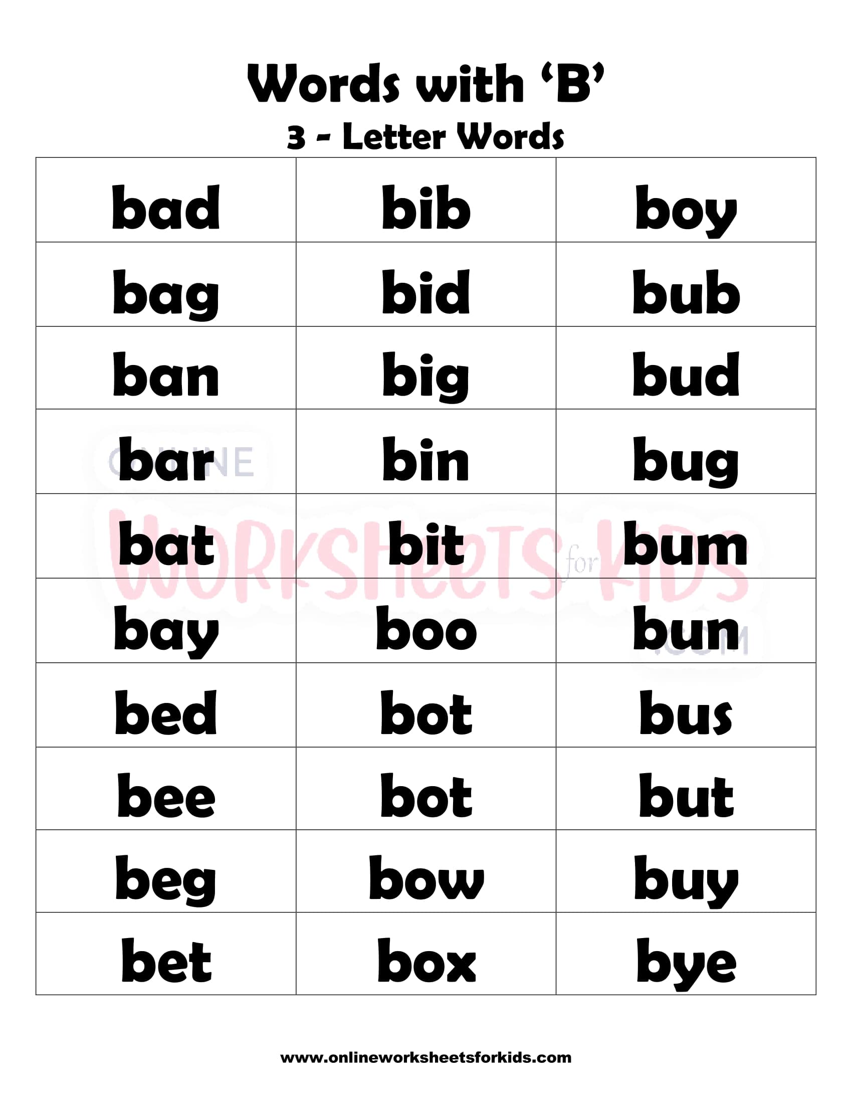 3 Letter Words That Start With B