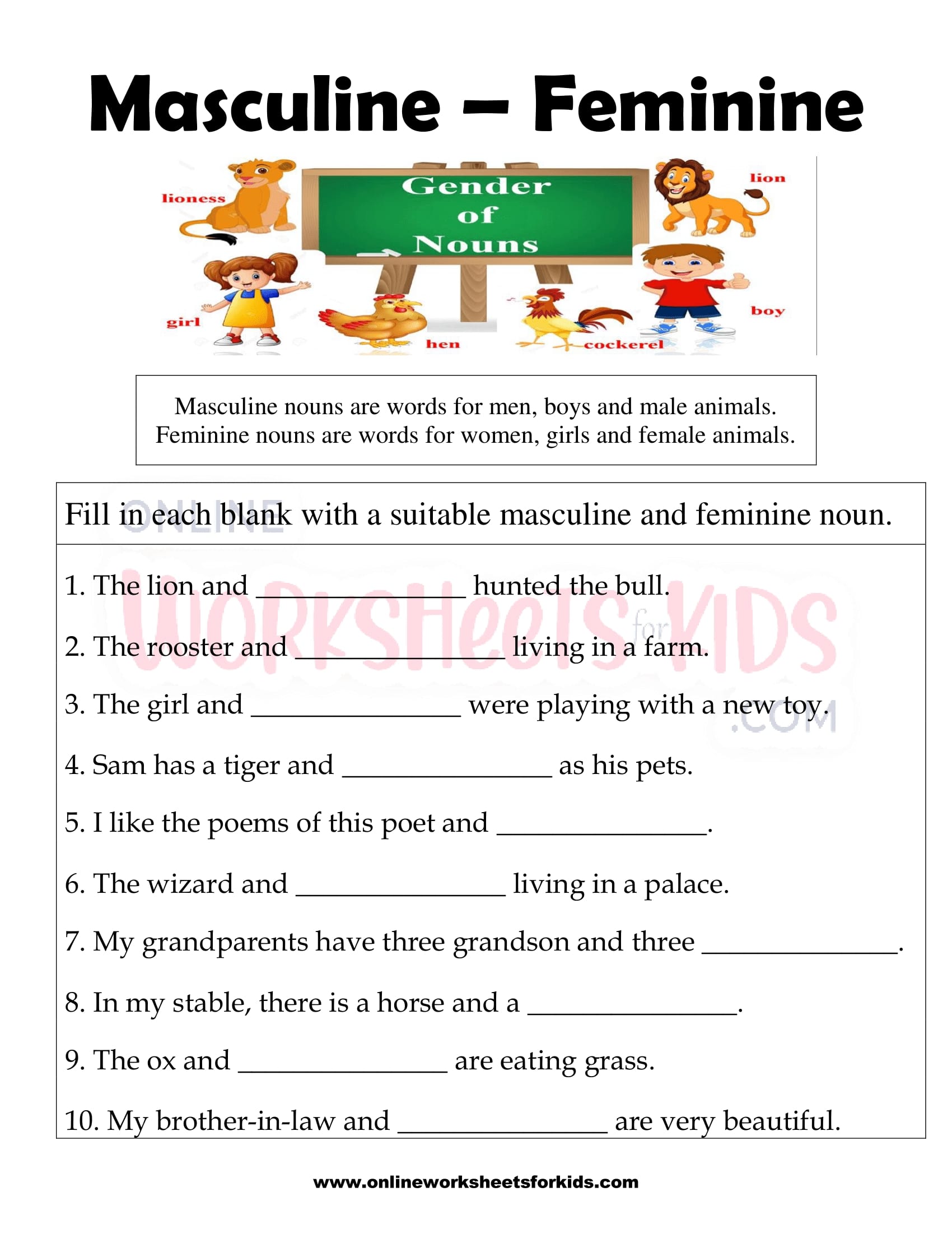 Gender Of Nouns Worksheets For Grade 1 Pdf