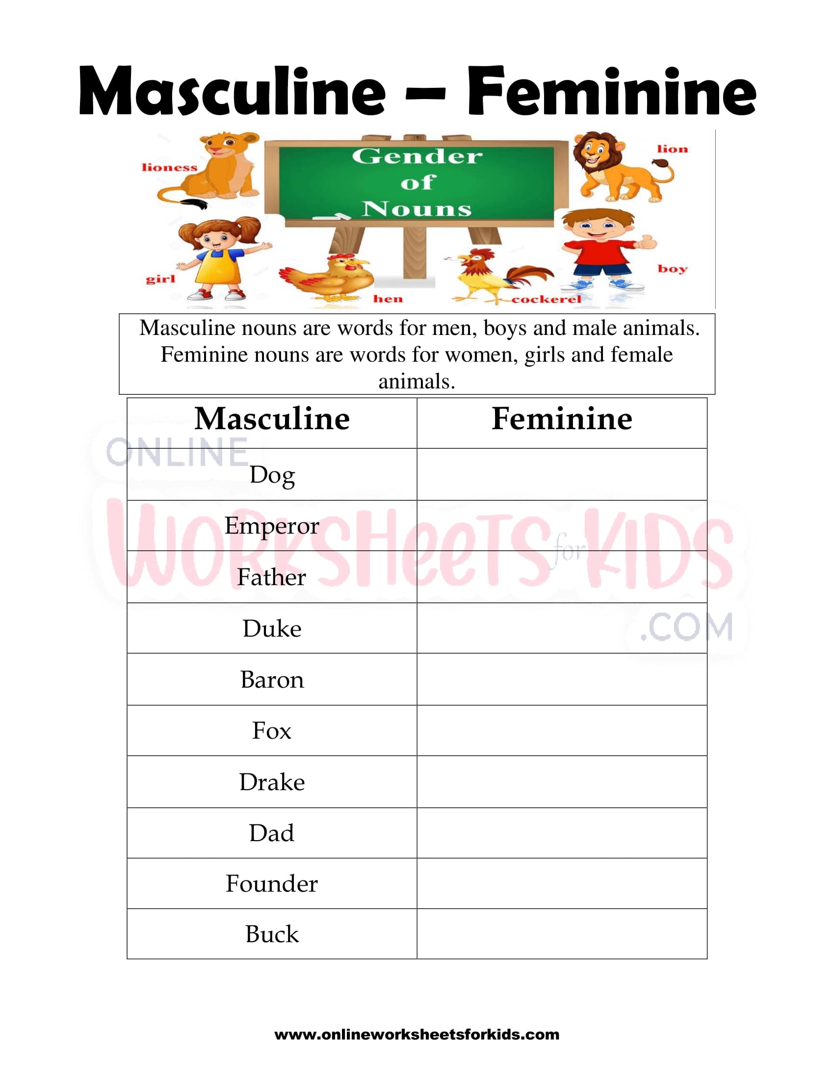 Free Masculine and Feminine Gender Worksheets for Kids