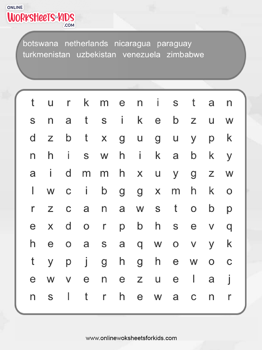 free countries word search worksheets and printable for kids