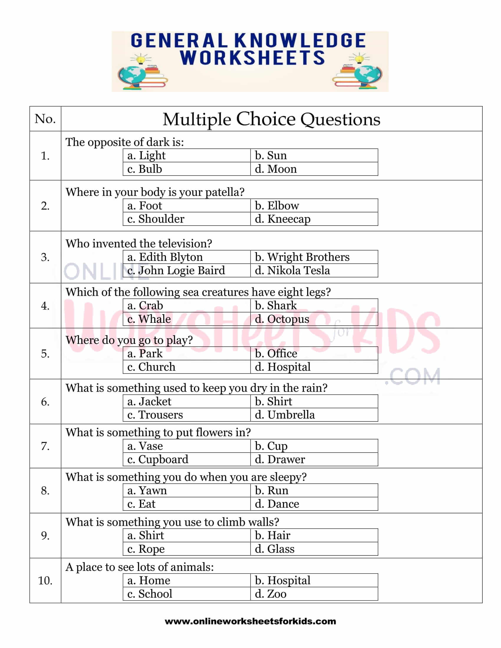free general knowledge worksheets for grade 1
