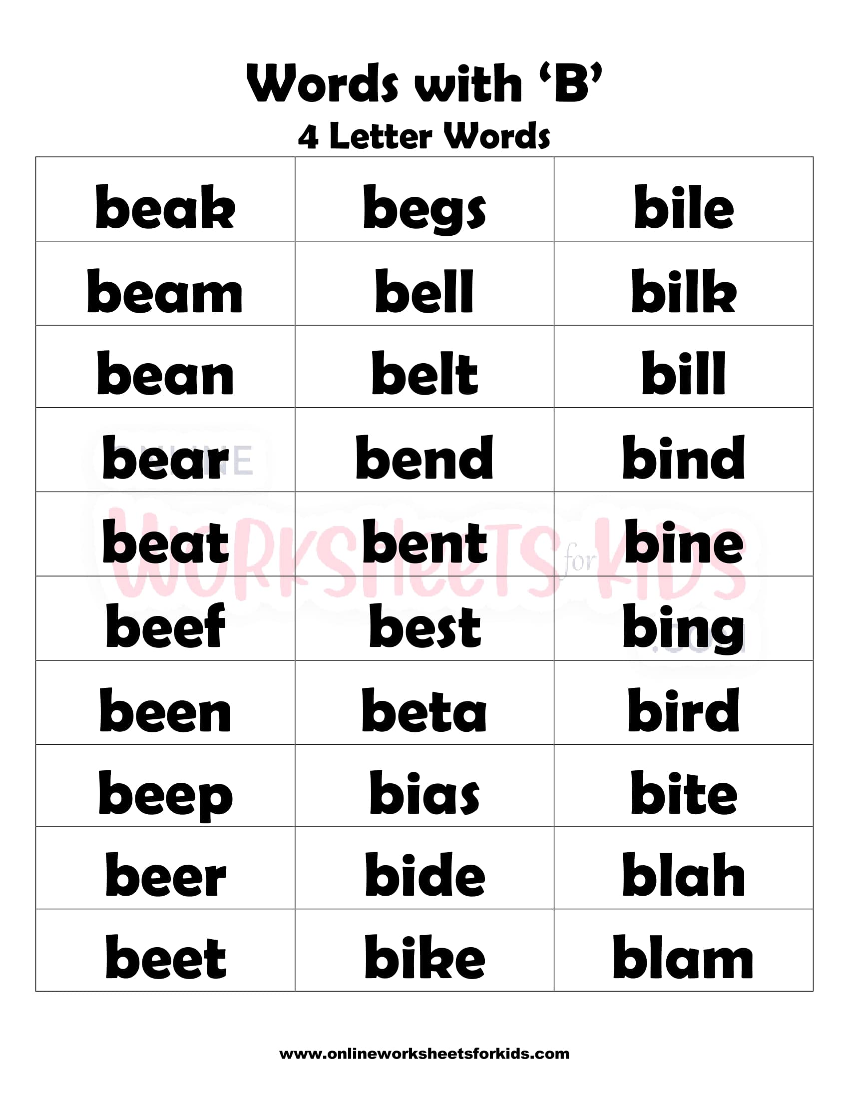 List of Words That Start With Letter 'B' For Children