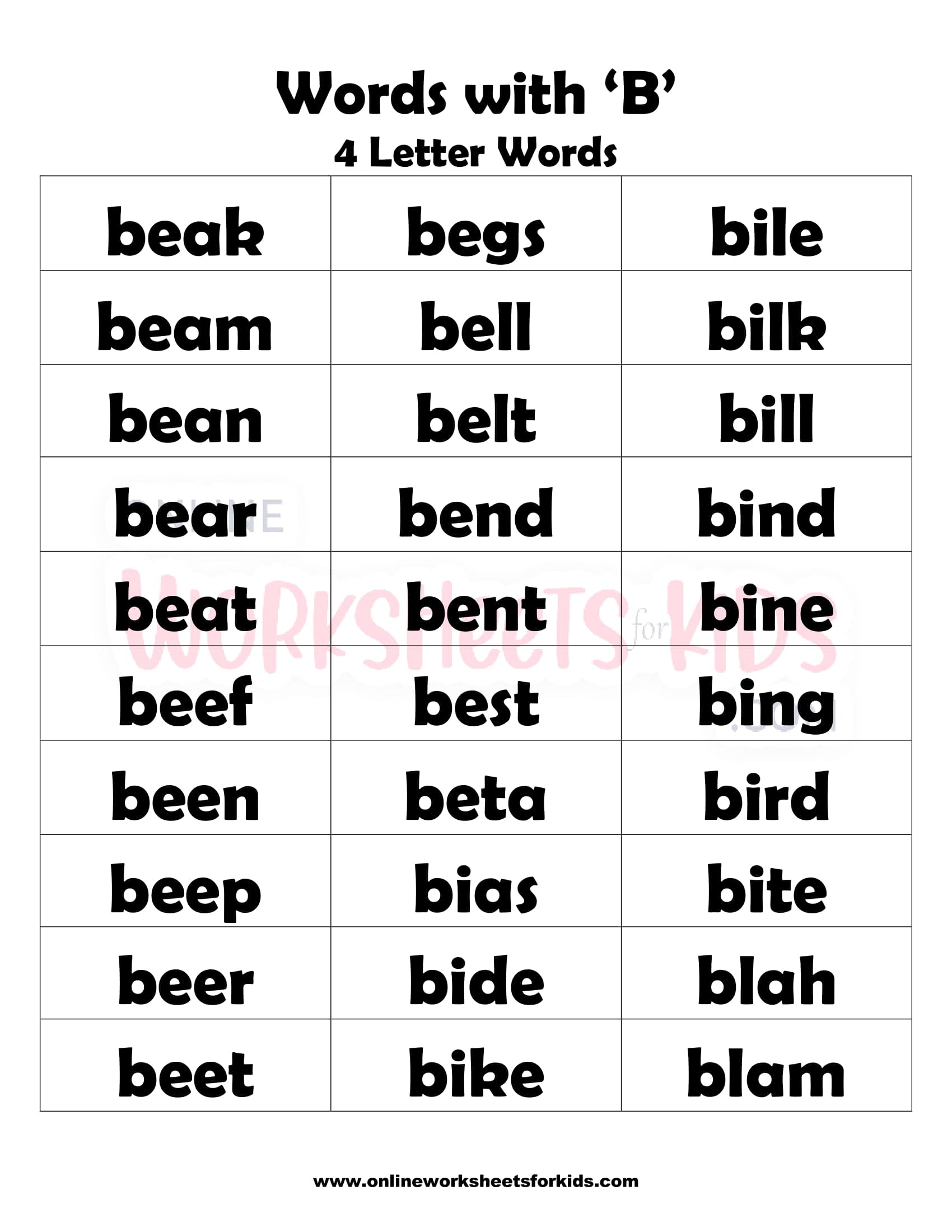 4 Letter Words, beginning in B Word Search