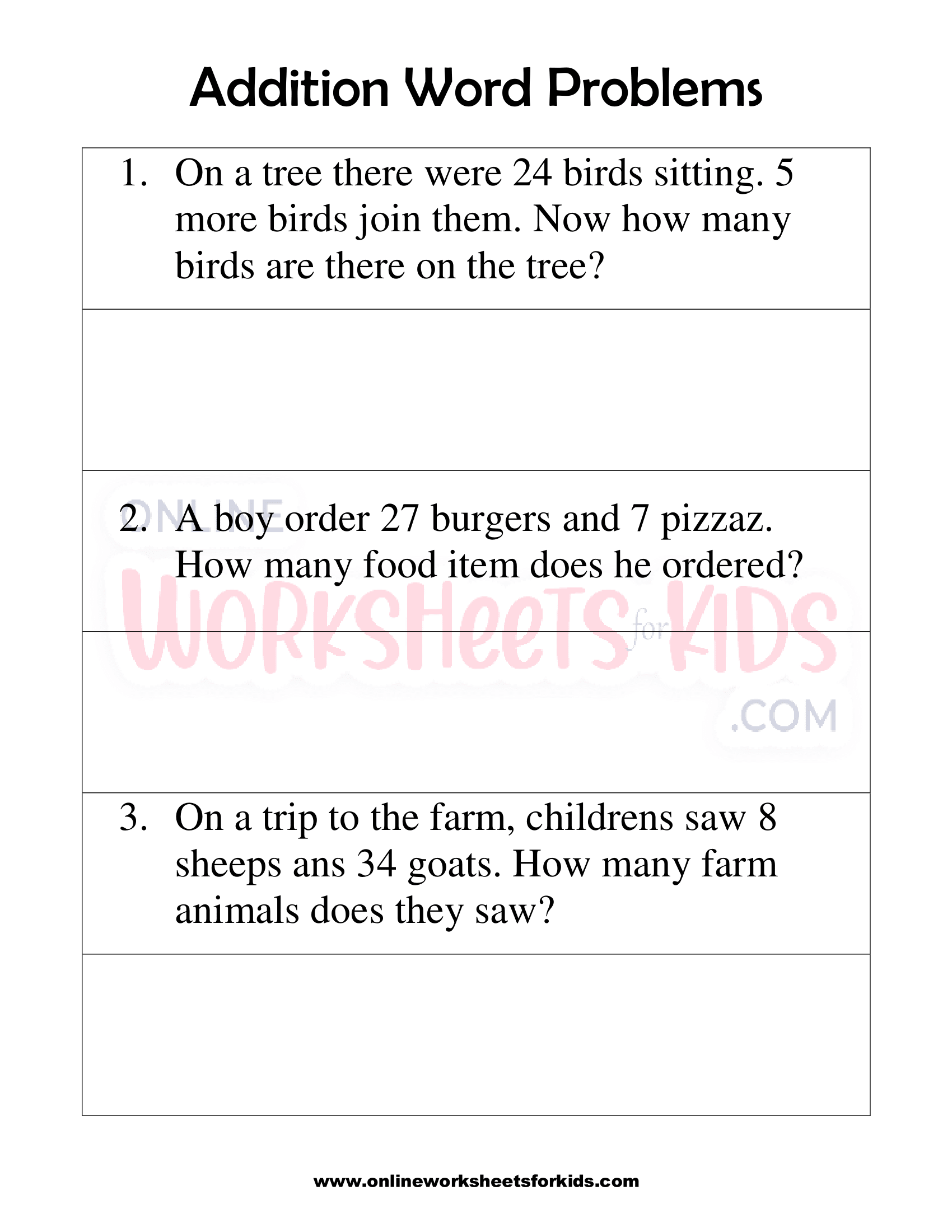 Addition Word Problems Worksheets Grade 1-3