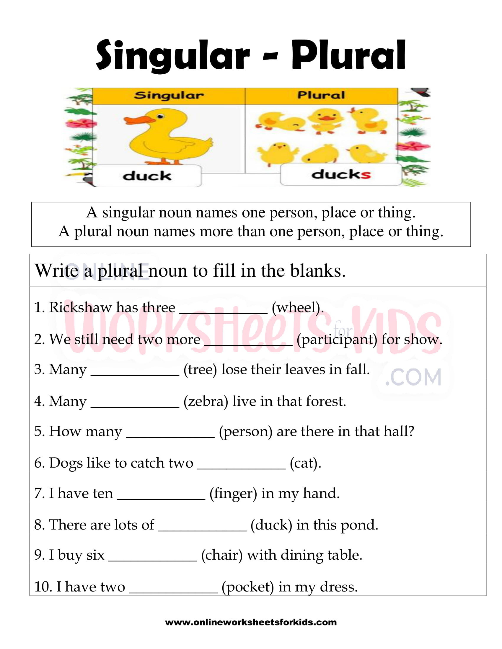 Singular Plural Worksheet For Ukg