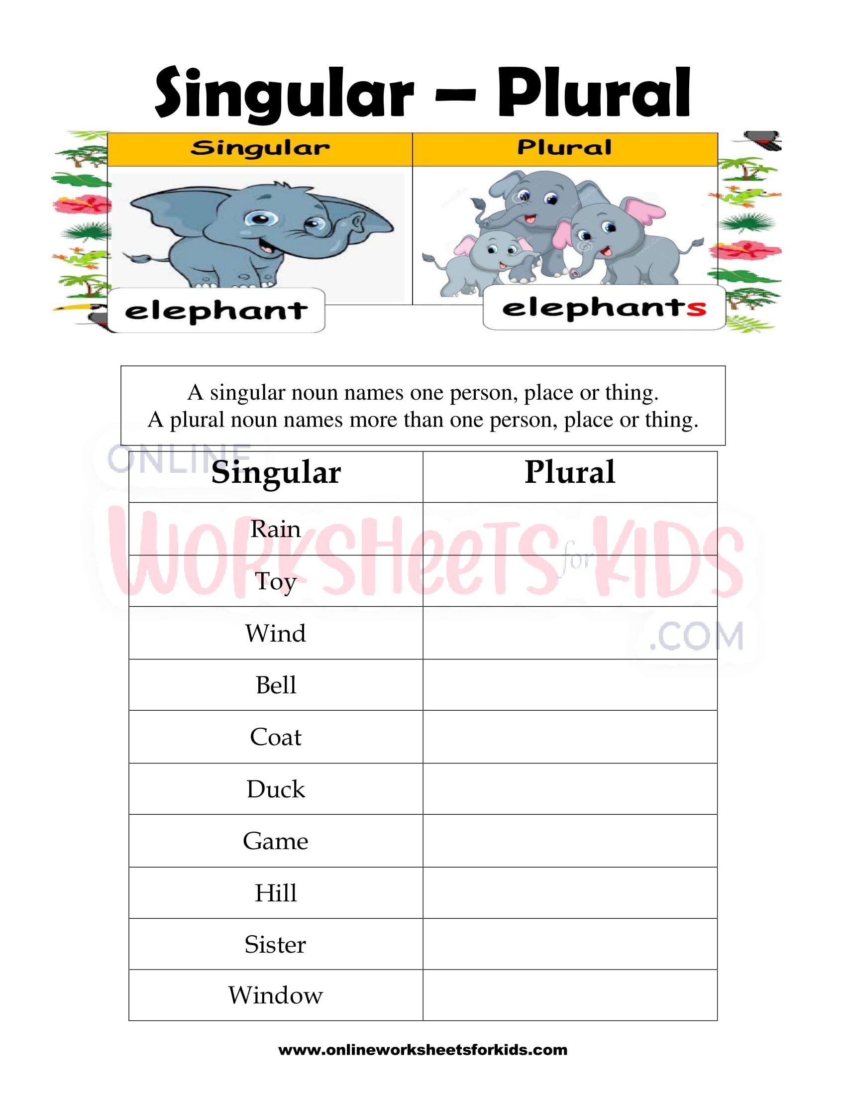 free singular and plural nouns worksheets for kids