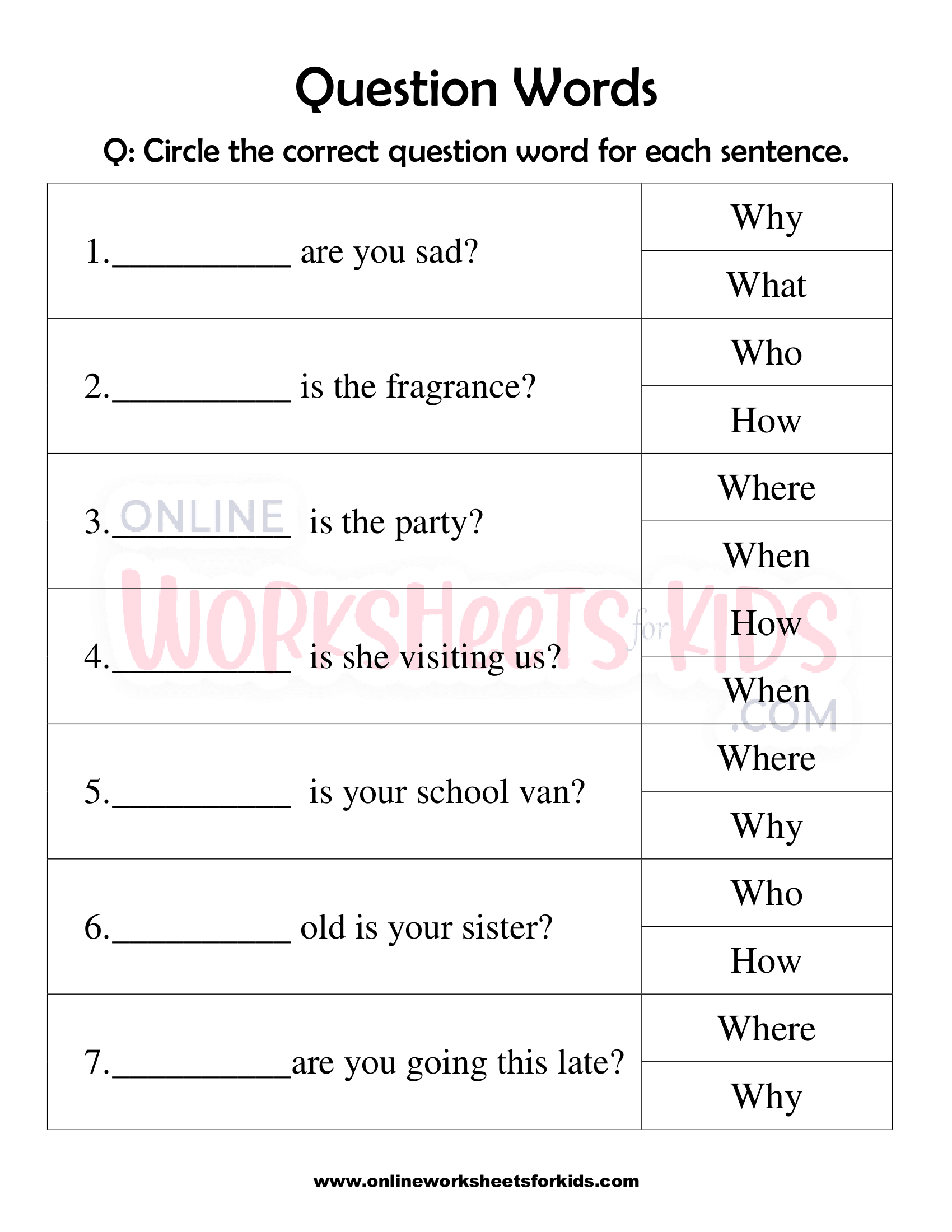Question word Worksheet for grade 13