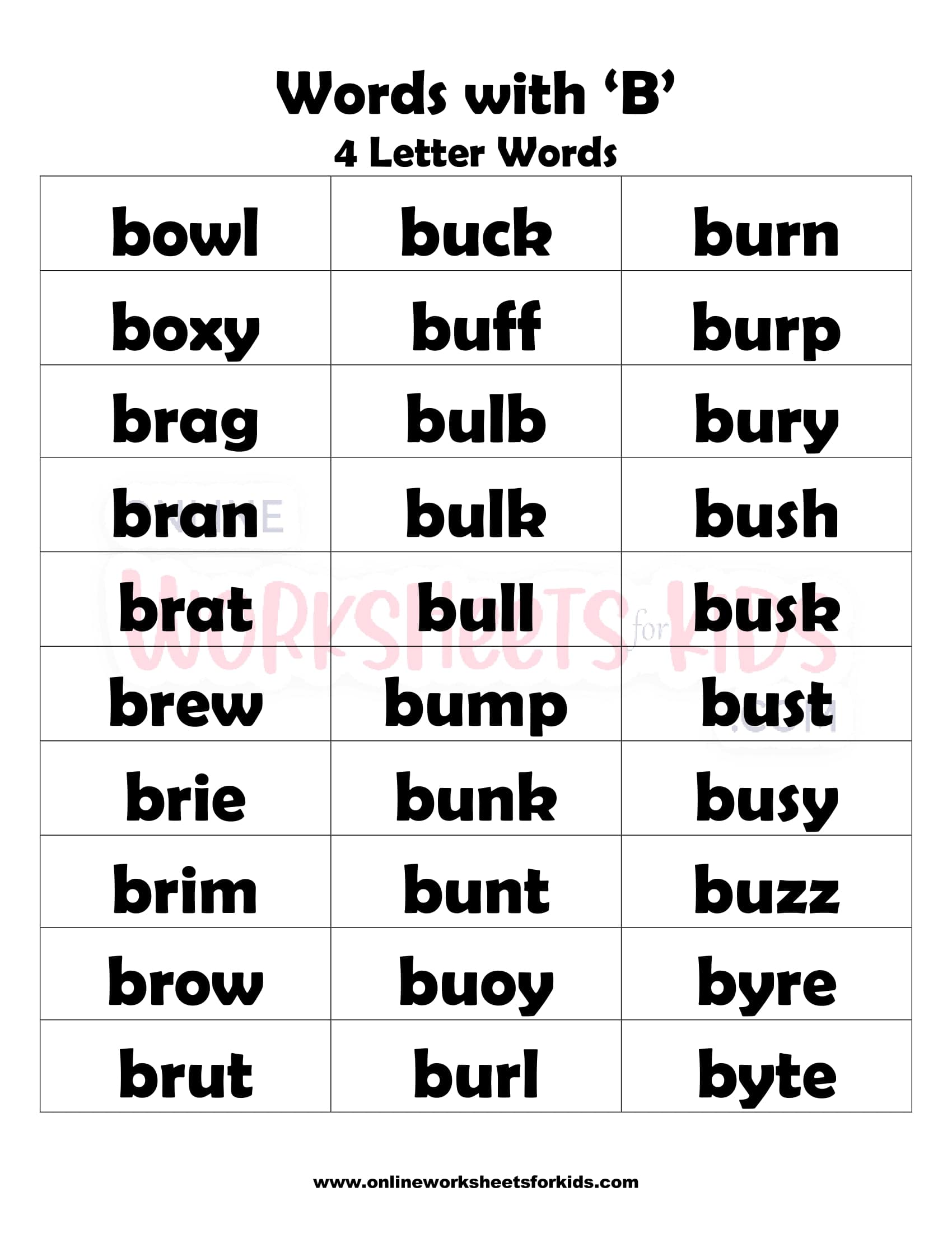 List of Words That Start With Letter 'B' For Children